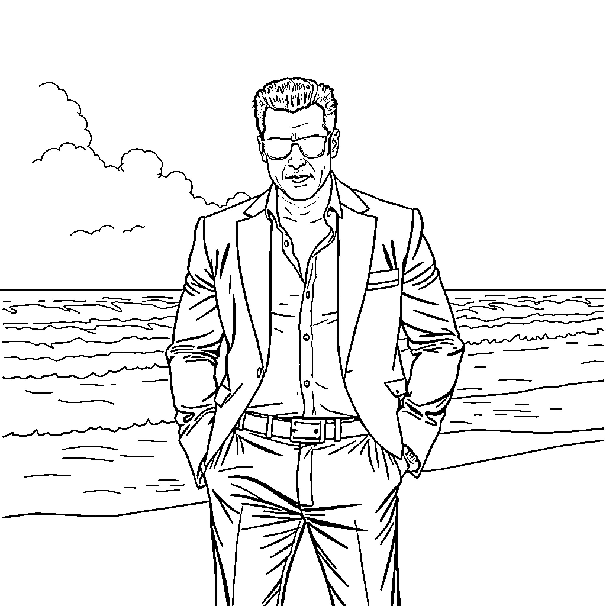 Salman Khan standing confidently by the ocean Coloring Page (free black-and-white line drawing printable PDF for all, from beginners to advanced learners, including children, teens, adults, and seniors)