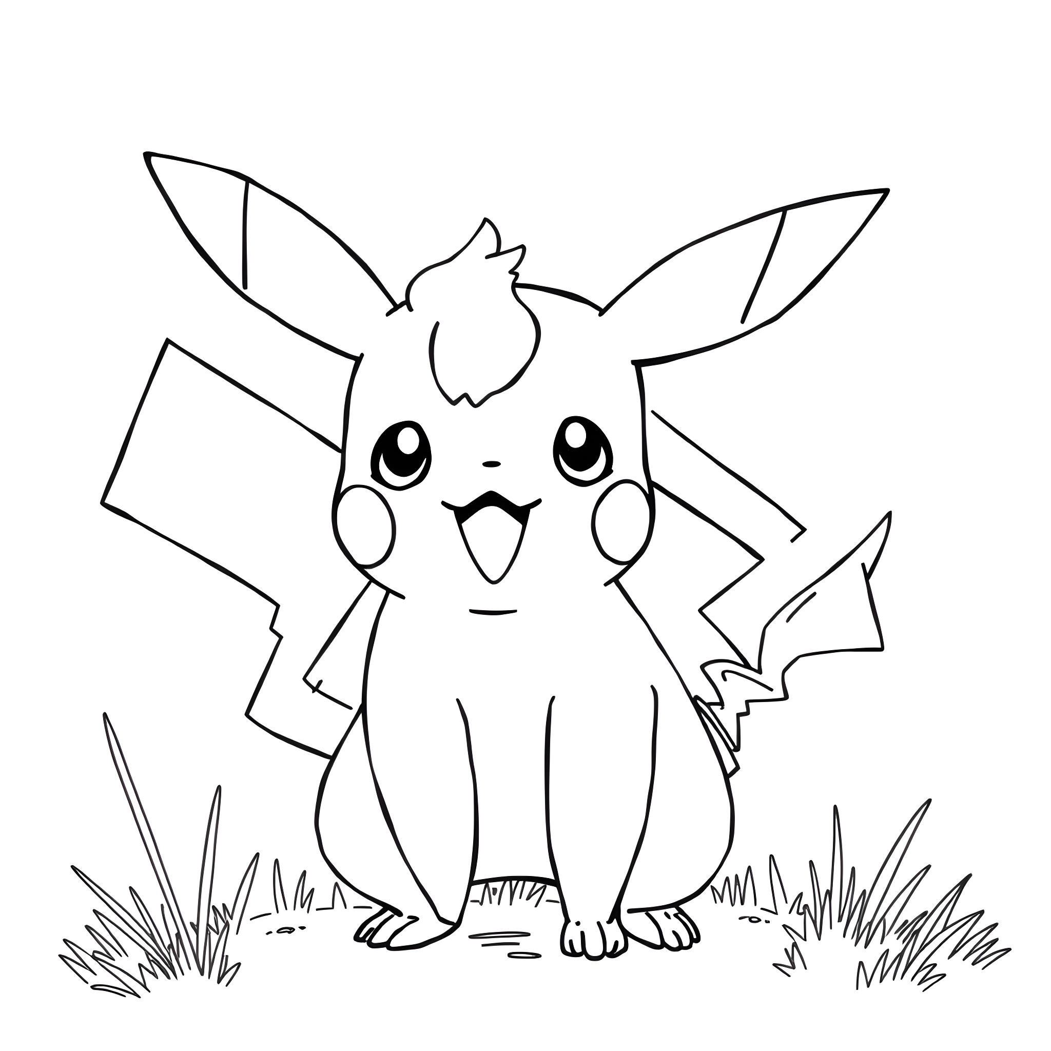Pikachu playing happily in the grass Coloring Page (free black-and-white line drawing printable PDF for all, from beginners to advanced learners, including children, teens, adults, and seniors)