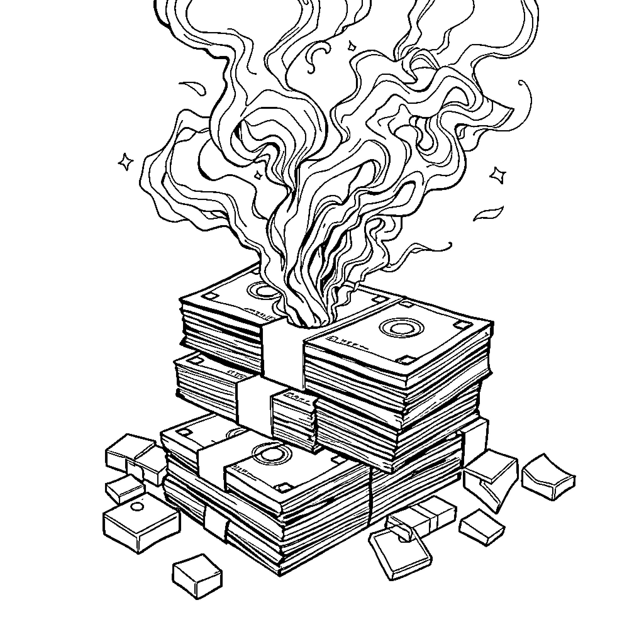 Smoke emerging from stacked computer hardware Coloring Page (free black-and-white line drawing printable PDF for all, from beginners to advanced learners, including children, teens, adults, and seniors)