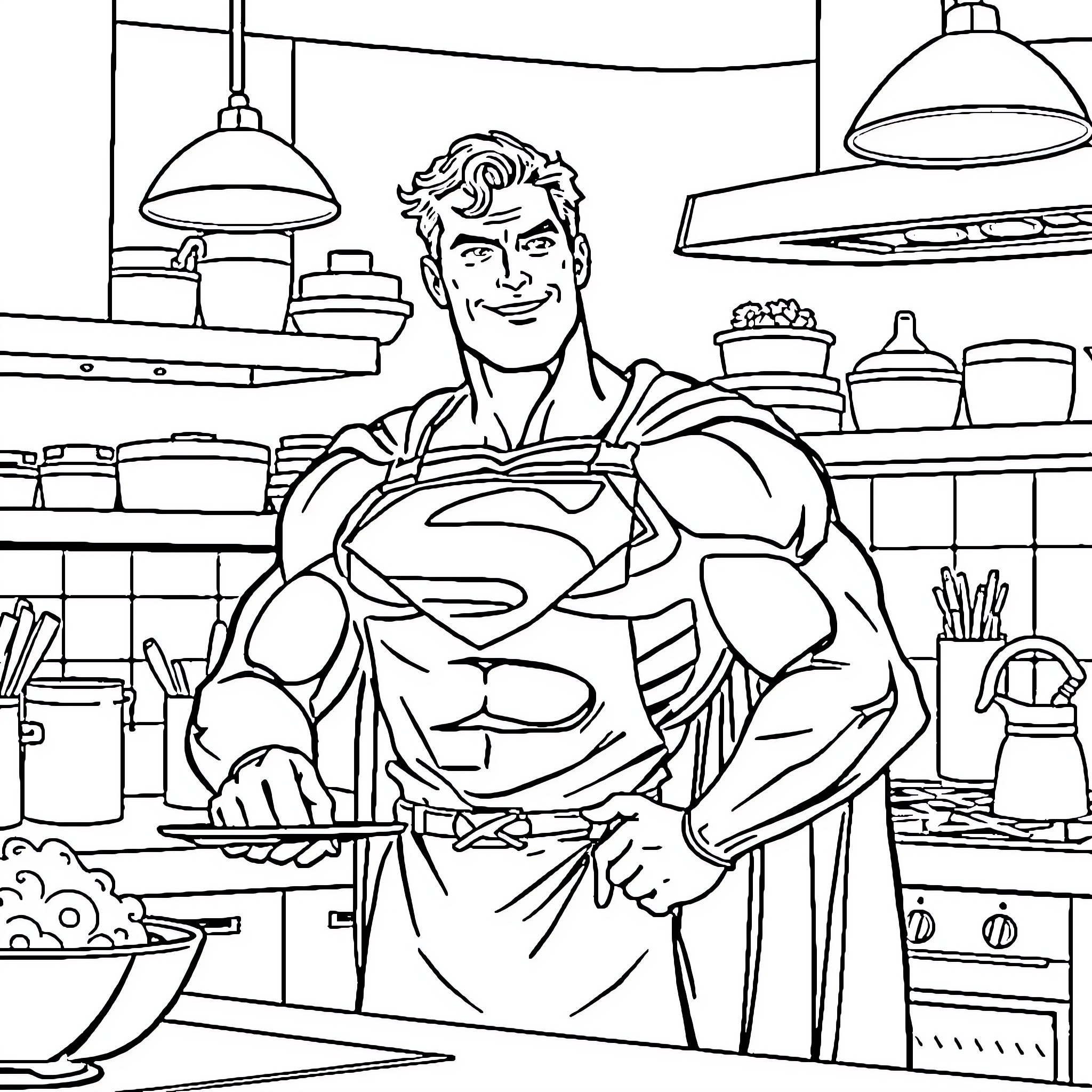 Superman helping in the kitchen Coloring Page (free black-and-white line drawing printable PDF for all, from beginners to advanced learners, including children, teens, adults, and seniors)