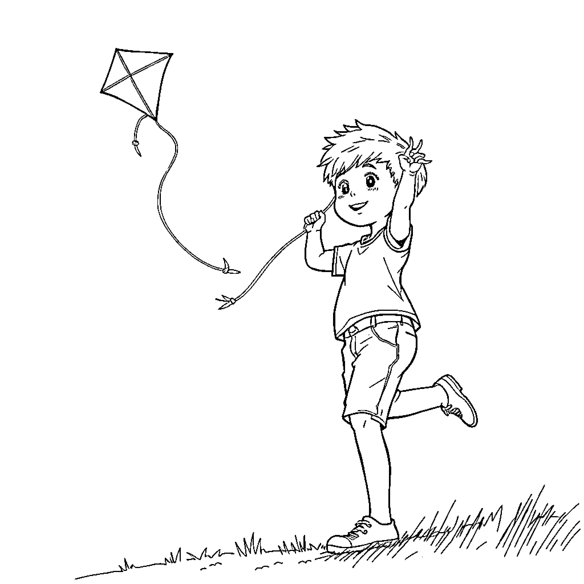 Boy playing with a kite on a grassy field Coloring Page (free black-and-white line drawing printable PDF for all, from beginners to advanced learners, including children, teens, adults, and seniors)