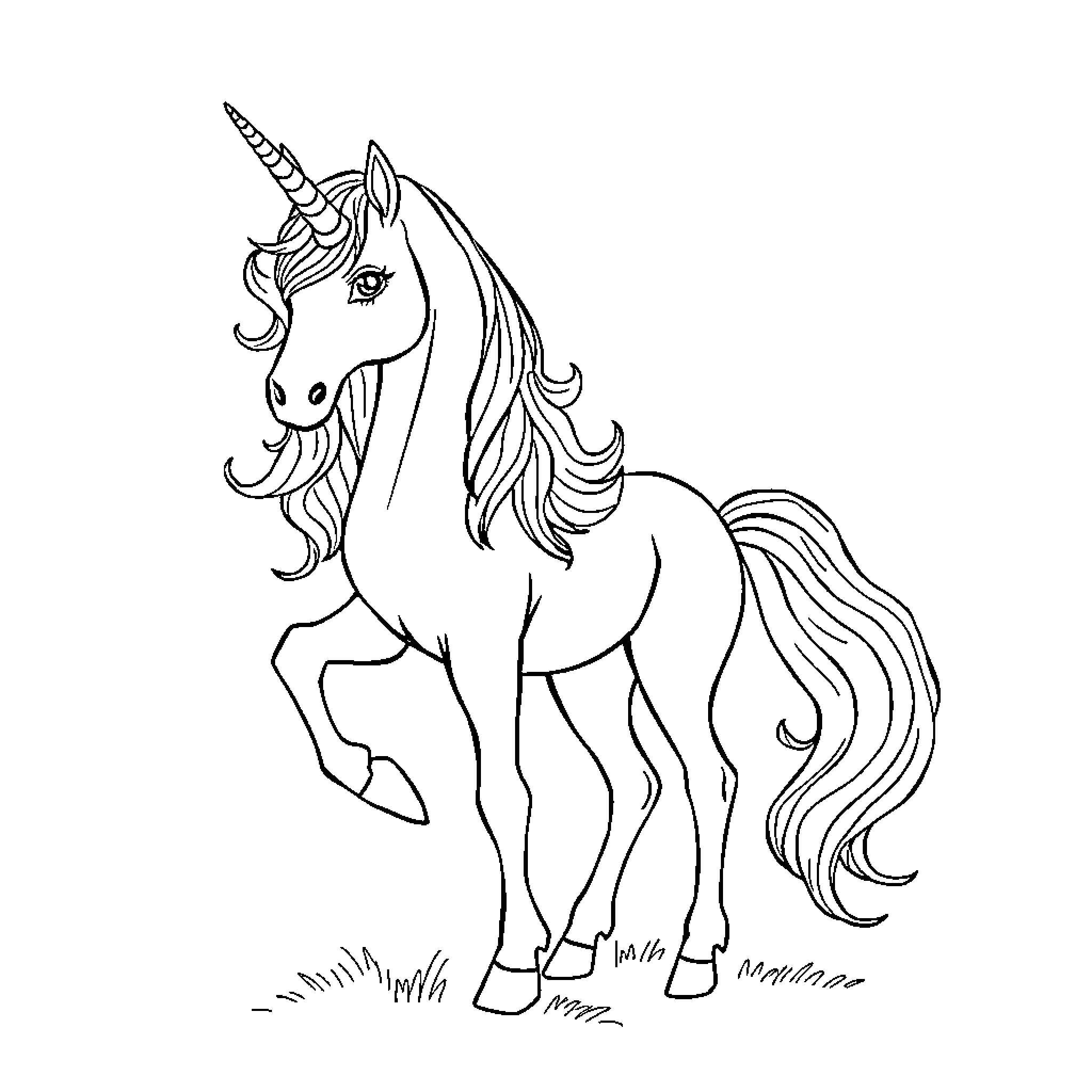 Unicorn standing proudly in a field Coloring Page (free black-and-white line drawing printable PDF for all, from beginners to advanced learners, including children, teens, adults, and seniors)
