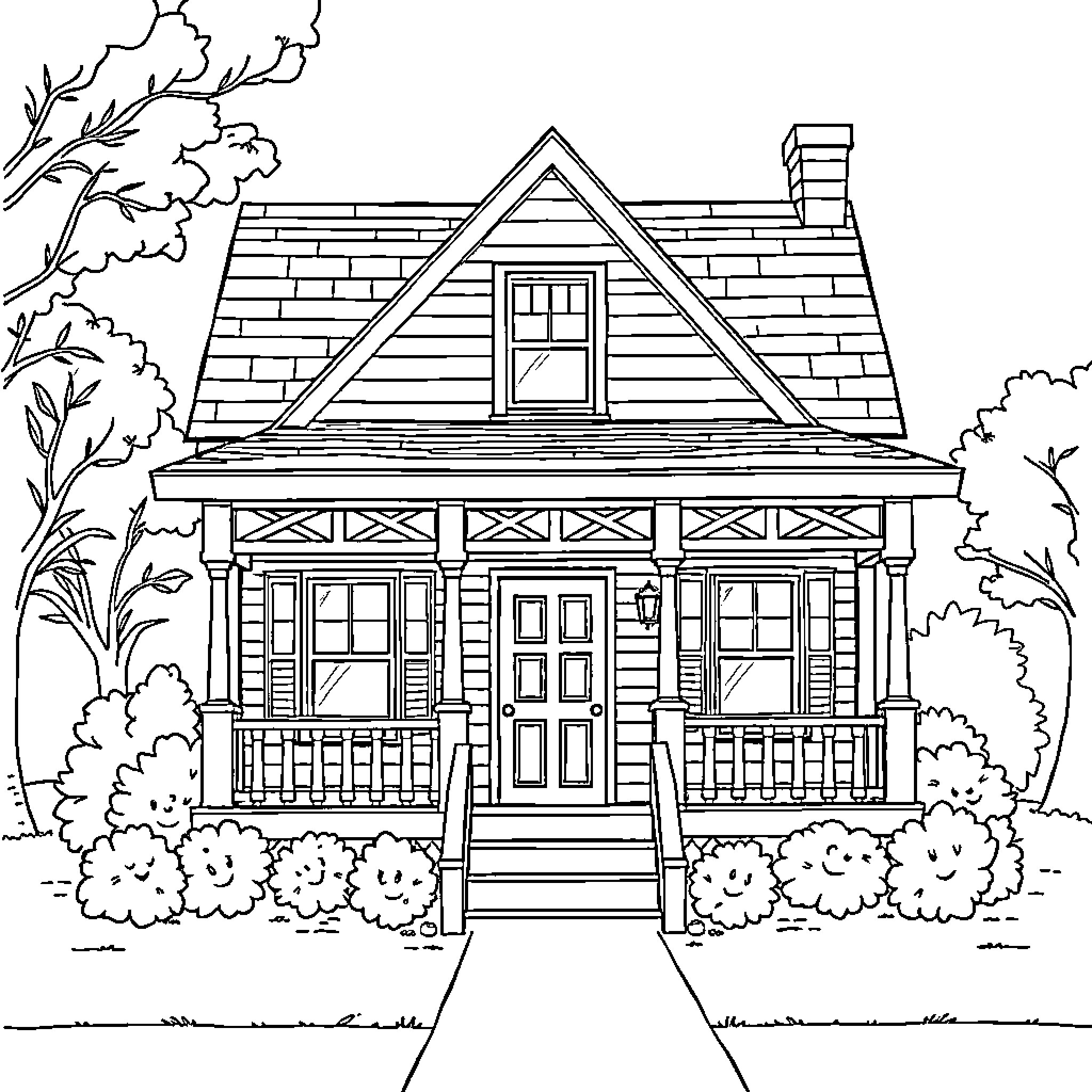 House with detailed architectural features in a natural setting Coloring Page (free black-and-white line drawing printable PDF for all, from beginners to advanced learners, including children, teens, adults, and seniors)