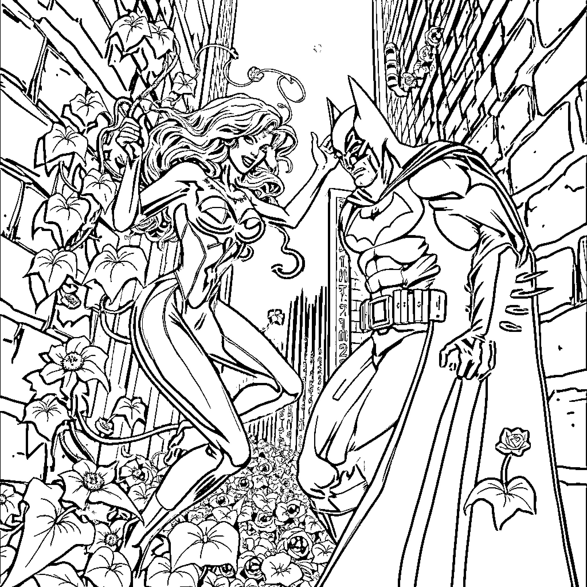 Poison Ivy and Batman face off in the city Coloring Page (free black-and-white line drawing printable PDF for all, from beginners to advanced learners, including children, teens, adults, and seniors)