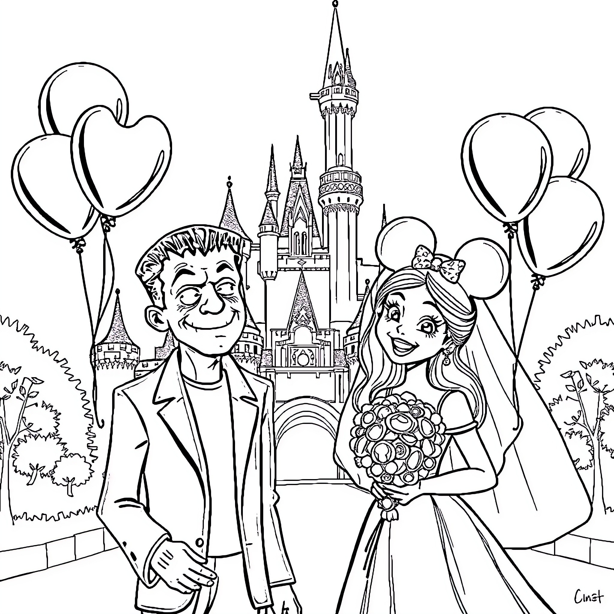 Frankenstein-inspired couple's fairytale adventure at enchanted castle Coloring Page (free black-and-white line drawing printable PDF for all, from beginners to advanced learners, including children, teens, adults, and seniors)