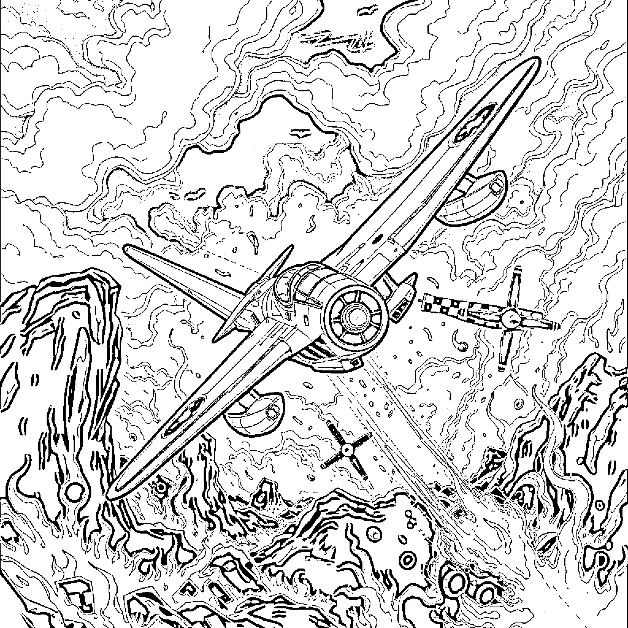 Fighter Jet Soaring Through Turbulent Skies Coloring Page (free black-and-white line drawing printable PDF for all, from beginners to advanced learners, including children, teens, adults, and seniors)