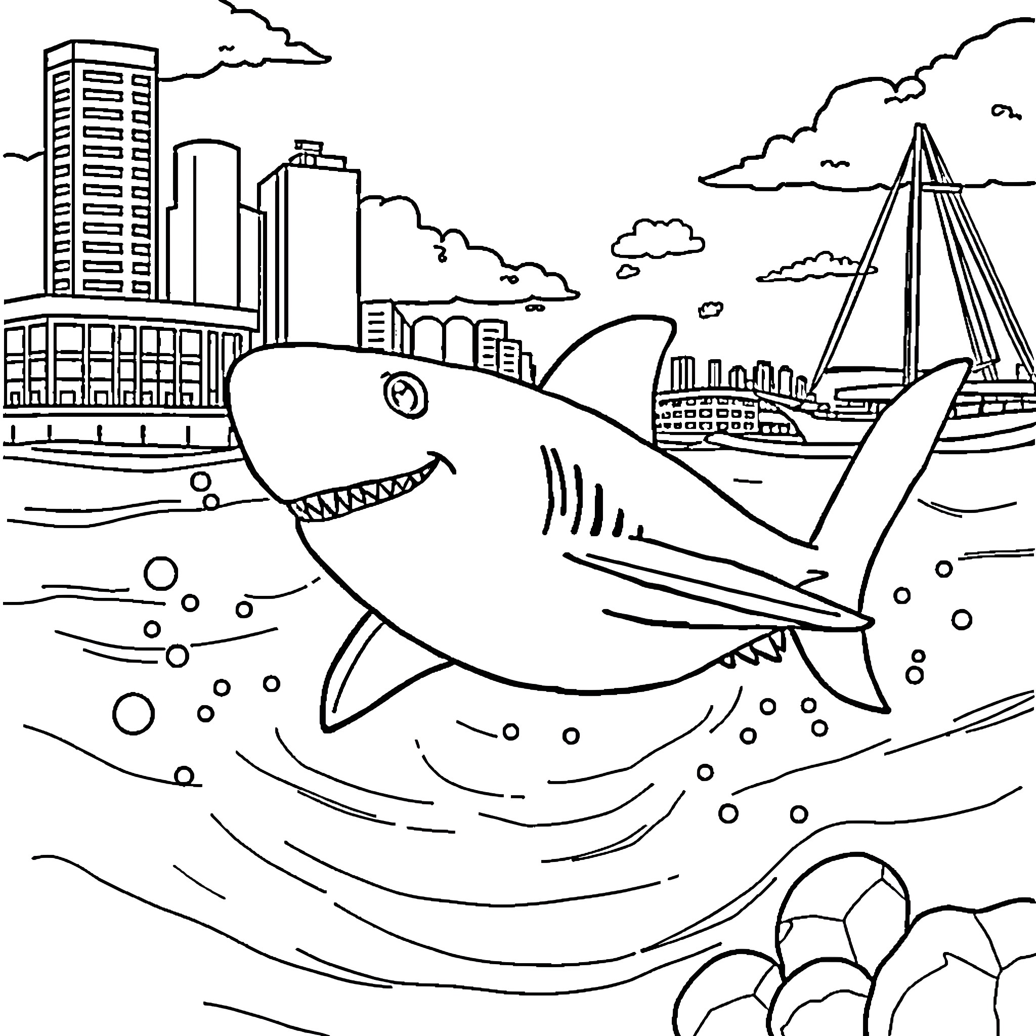 Shark swimming near the city skyline Coloring Page (free black-and-white line drawing printable PDF for all, from beginners to advanced learners, including children, teens, adults, and seniors)