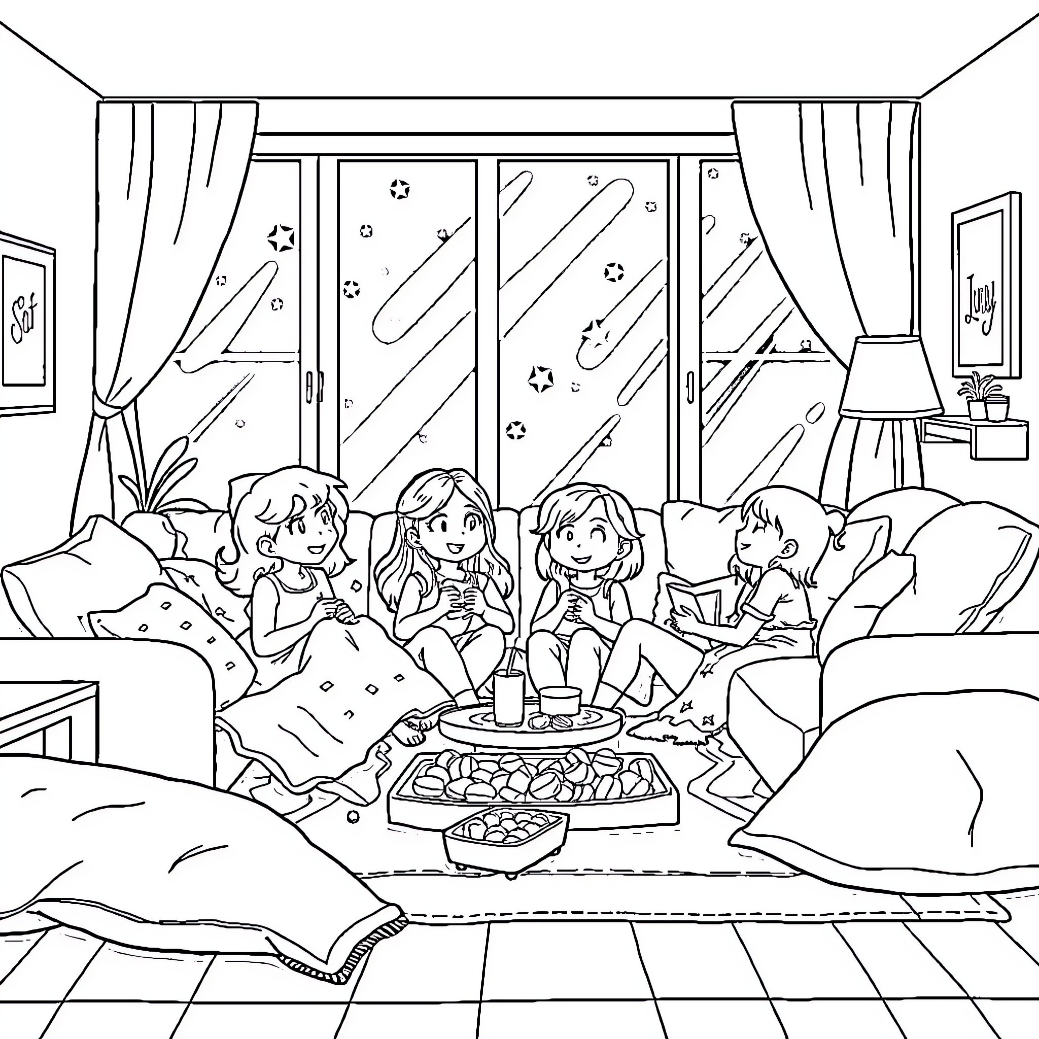 Bonnie's Sleepover Party with Friends Coloring Page (free black-and-white line drawing printable PDF for all, from beginners to advanced learners, including children, teens, adults, and seniors)