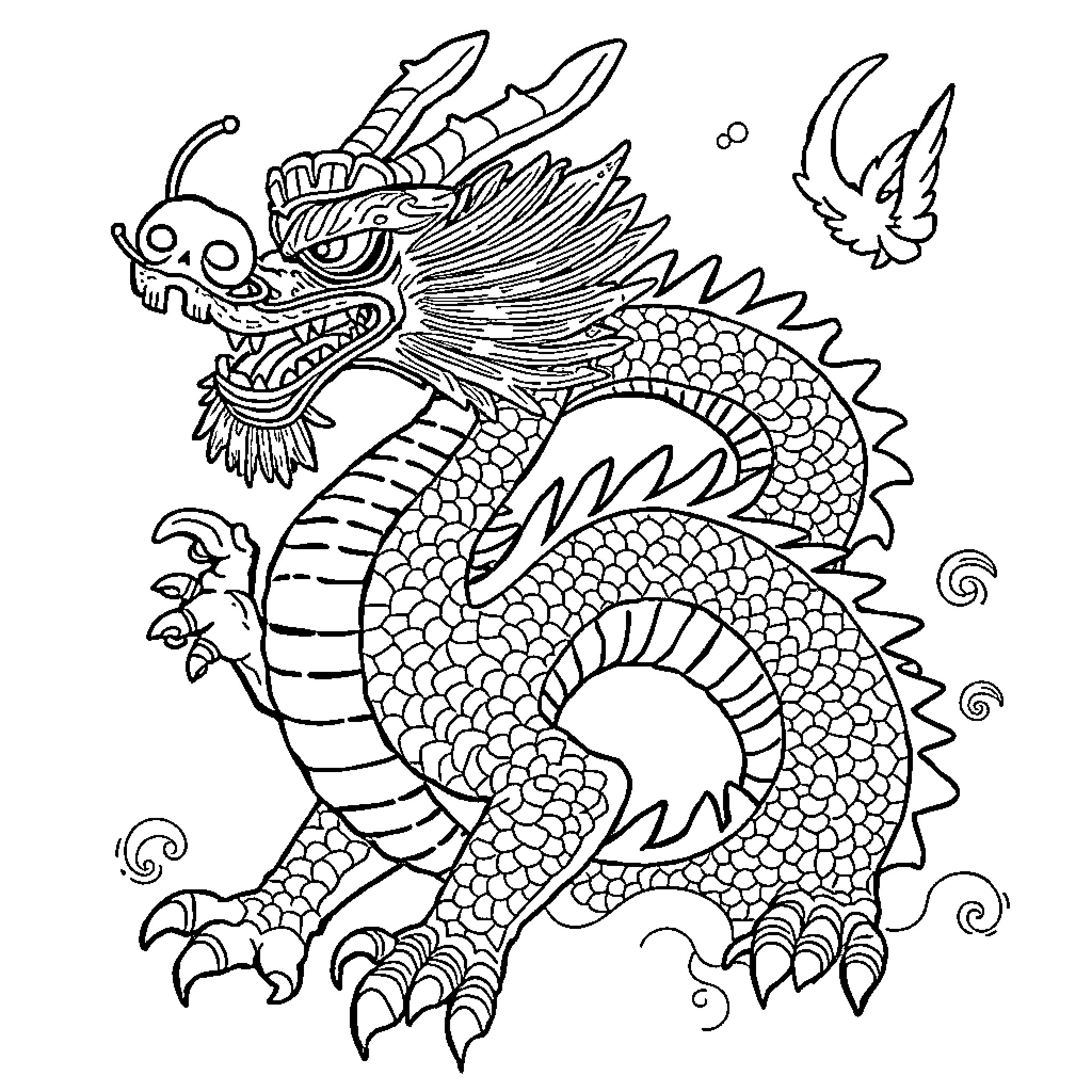 Dragon Ferociously Guarding Its Lair Coloring Page (free black-and-white line drawing printable PDF for all, from beginners to advanced learners, including children, teens, adults, and seniors)