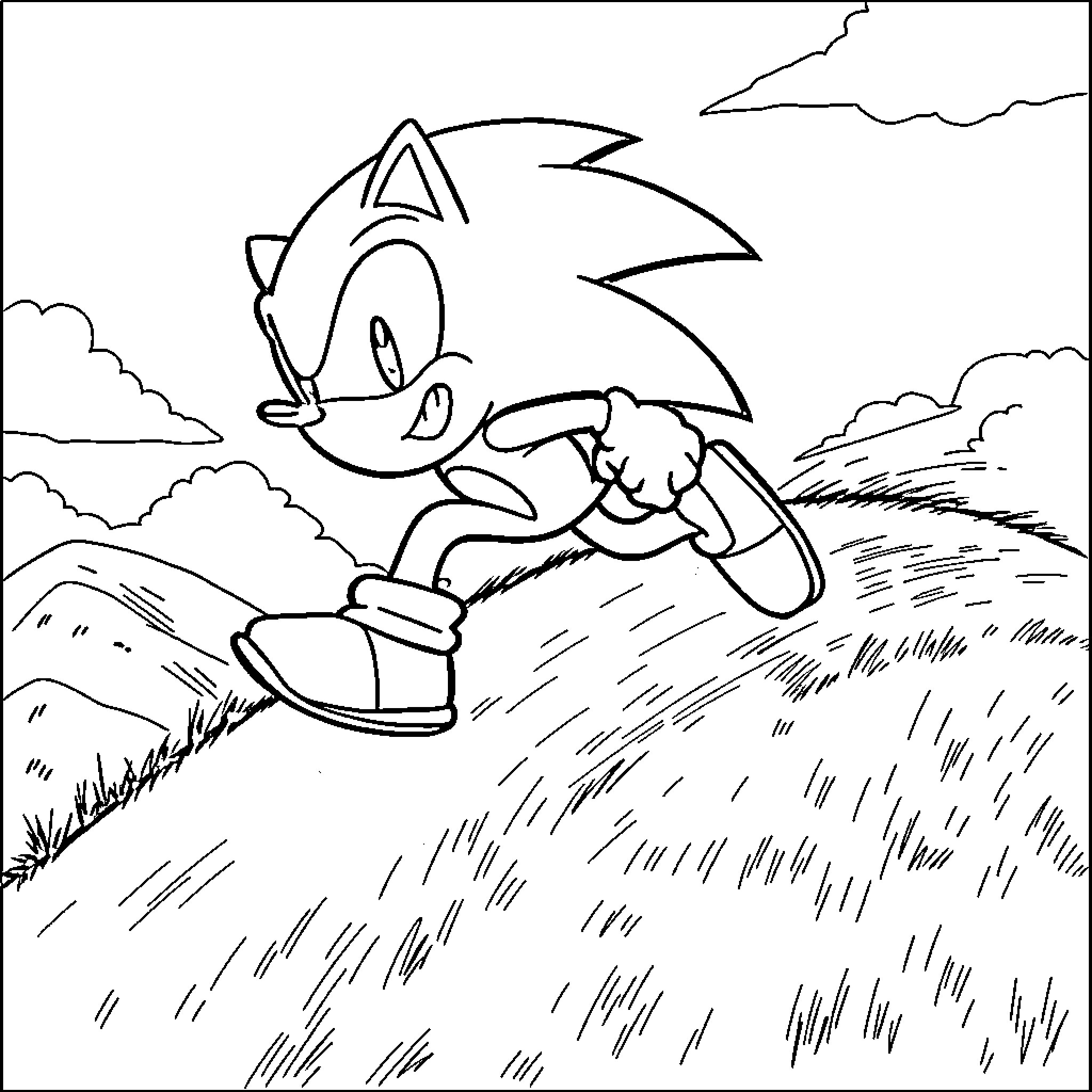 Sonic racing through a scenic landscape Coloring Page (free black-and-white line drawing printable PDF for all, from beginners to advanced learners, including children, teens, adults, and seniors)