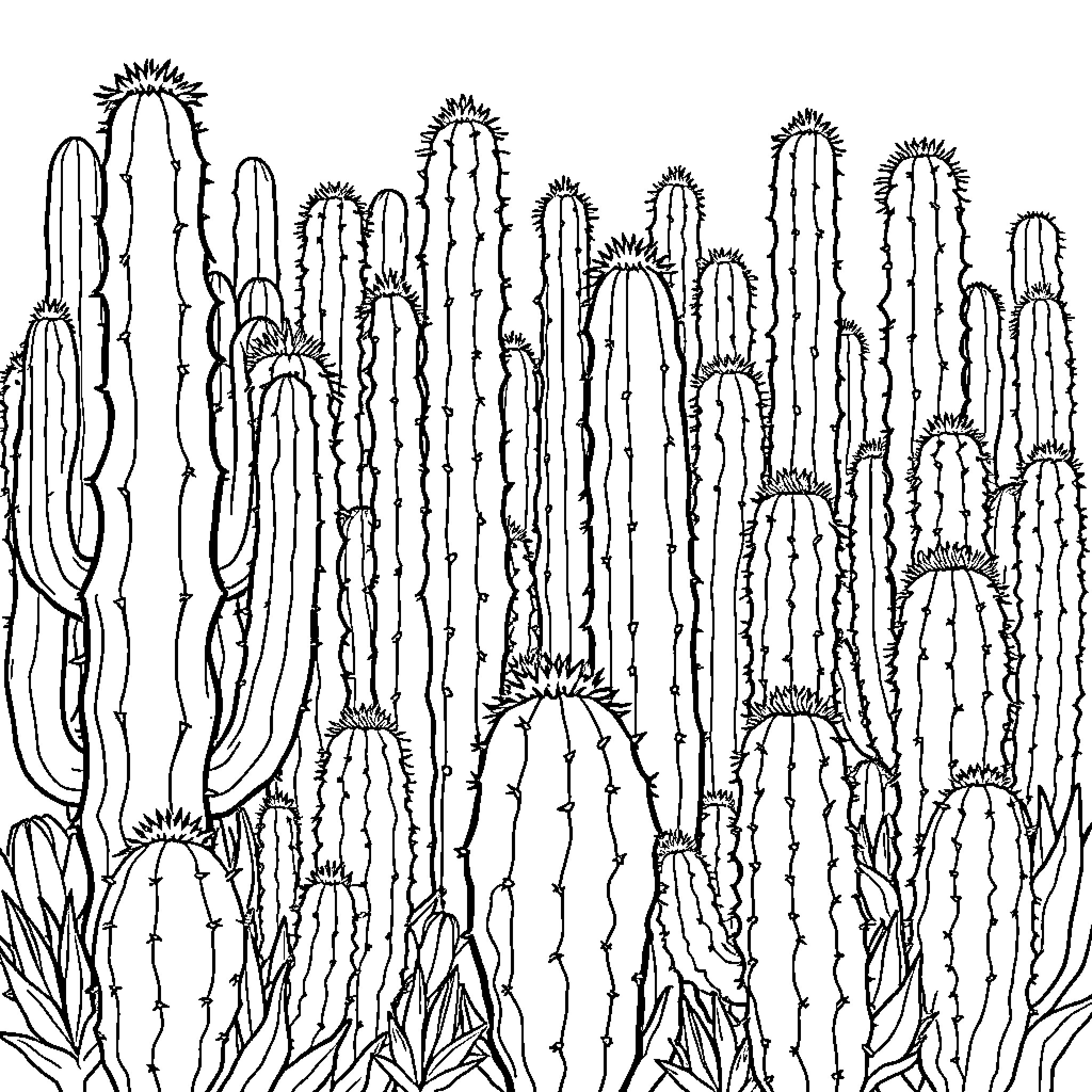Cactus forest with diverse shapes and textures Coloring Page (free black-and-white line drawing printable PDF for all, from beginners to advanced learners, including children, teens, adults, and seniors)