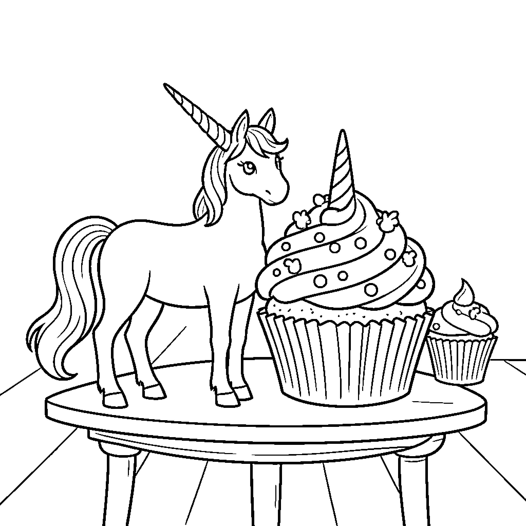 Unicorn standing proudly next to giant cupcakes Coloring Page (free black-and-white line drawing printable PDF for all, from beginners to advanced learners, including children, teens, adults, and seniors)