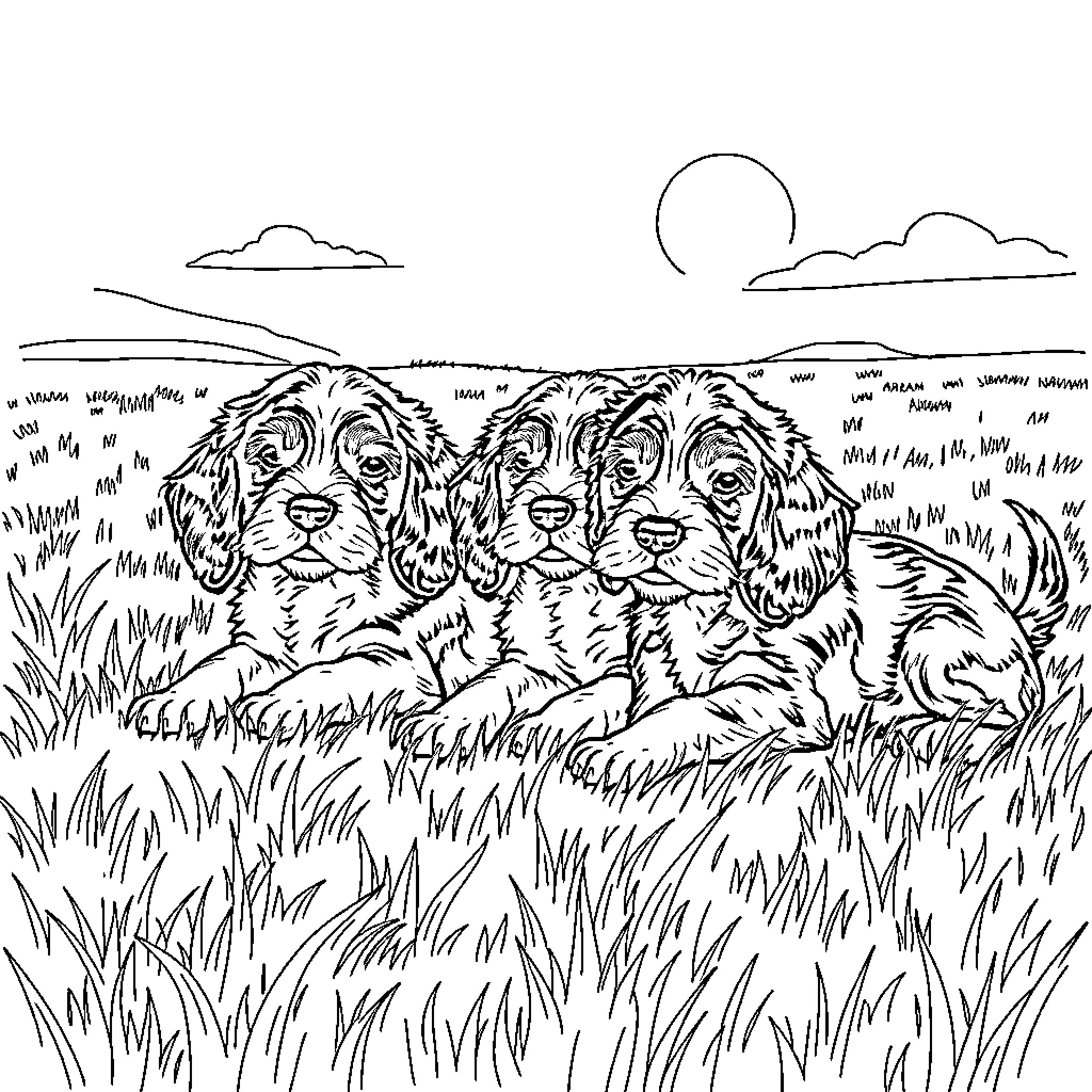 Cocker Spaniels Playfully Exploring Grassy Landscape Coloring Page (free black-and-white line drawing printable PDF for all, from beginners to advanced learners, including children, teens, adults, and seniors)