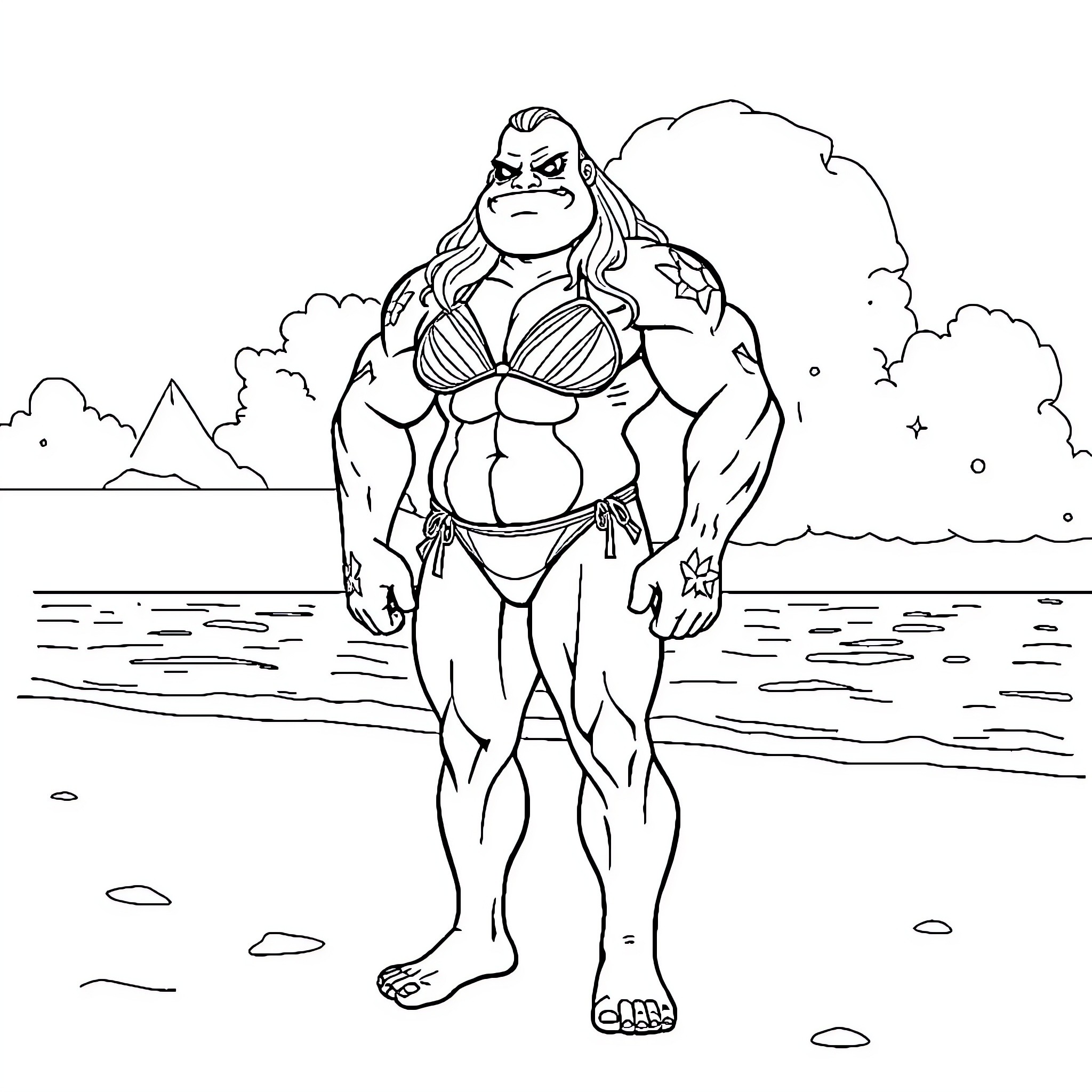 Juggernaut's Mighty Physique on the Beach Coloring Page (free black-and-white line drawing printable PDF for all, from beginners to advanced learners, including children, teens, adults, and seniors)