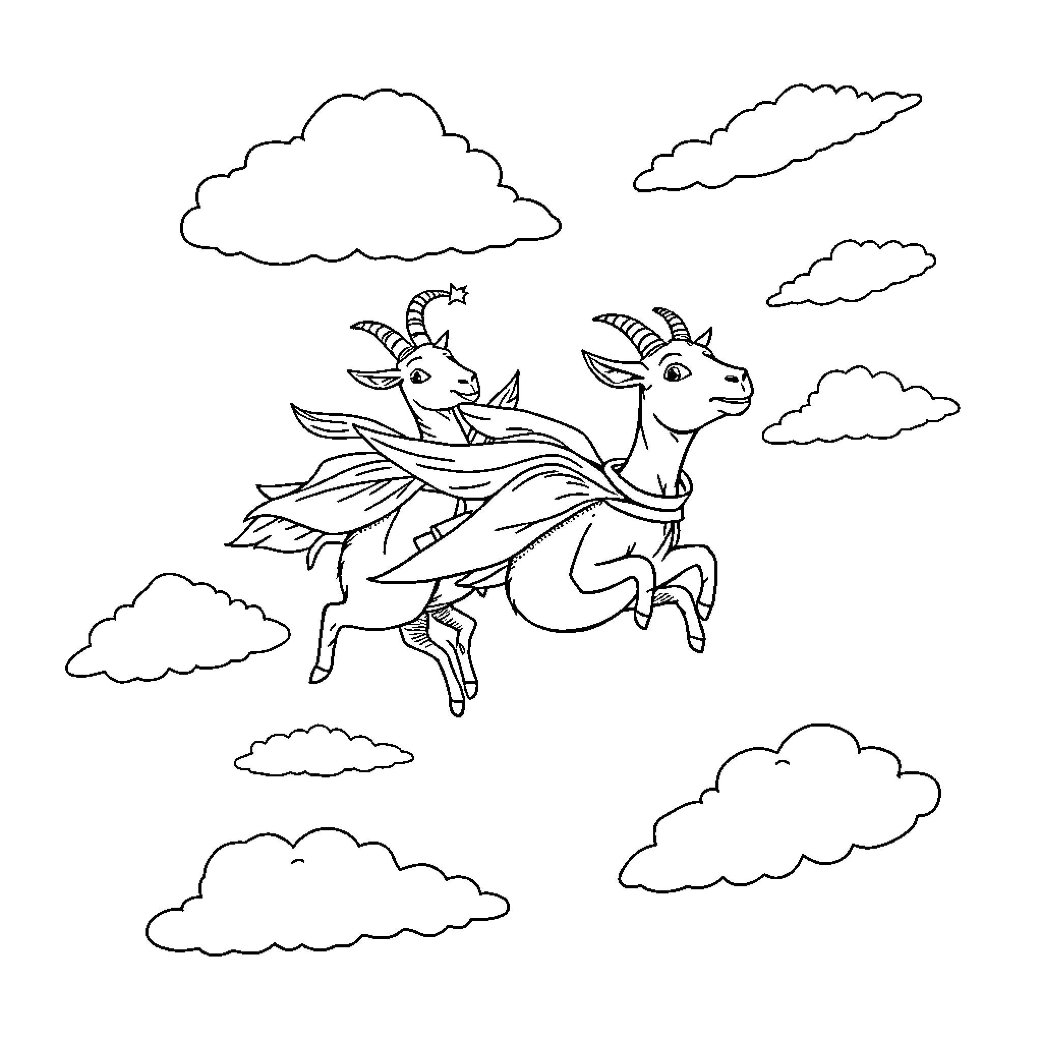 Goats flying among the clouds Coloring Page (free black-and-white line drawing printable PDF for all, from beginners to advanced learners, including children, teens, adults, and seniors)