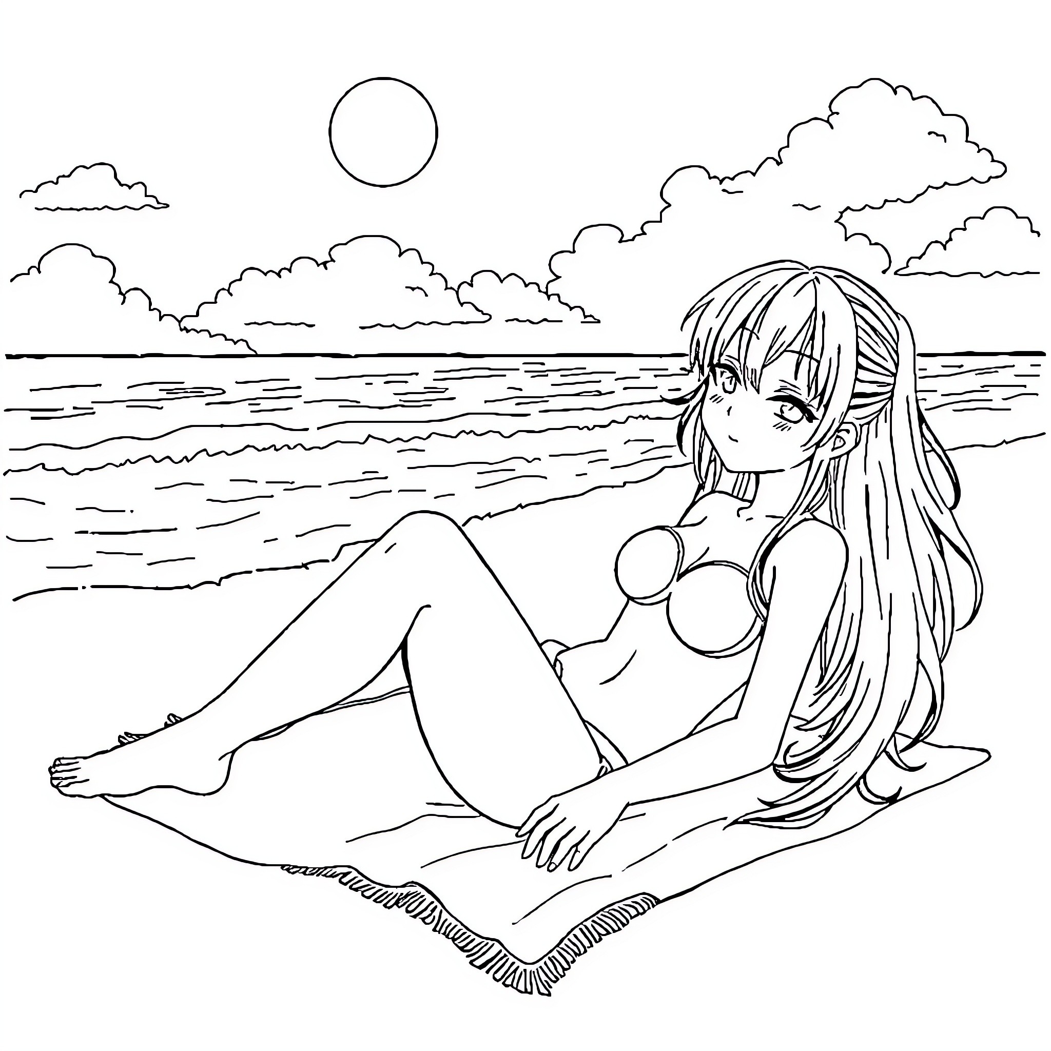 Natsuki relaxing on the beach Coloring Page (free black-and-white line drawing printable PDF for all, from beginners to advanced learners, including children, teens, adults, and seniors)