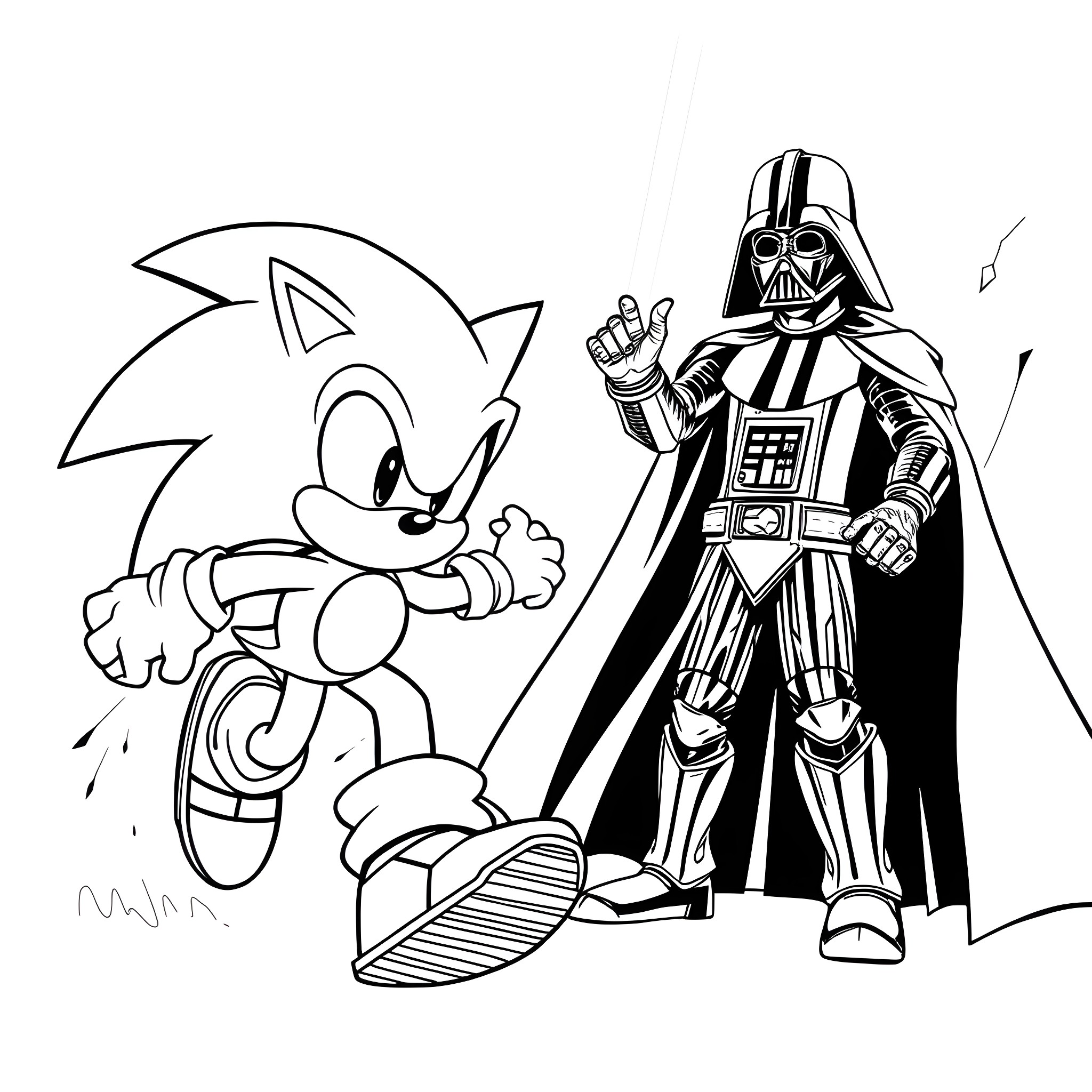 Sonic confronting Darth Vader in epic battle Coloring Page (free black-and-white line drawing printable PDF for all, from beginners to advanced learners, including children, teens, adults, and seniors)