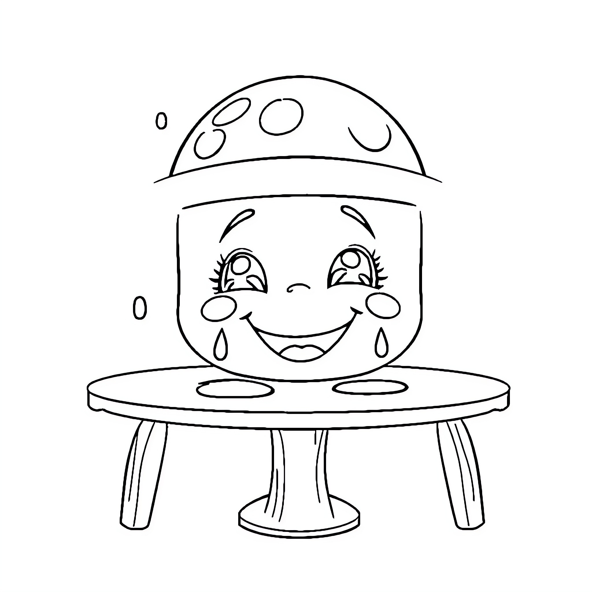 Table with Smiling Cartoon Character Coloring Page (free black-and-white line drawing printable PDF for all, from beginners to advanced learners, including children, teens, adults, and seniors)