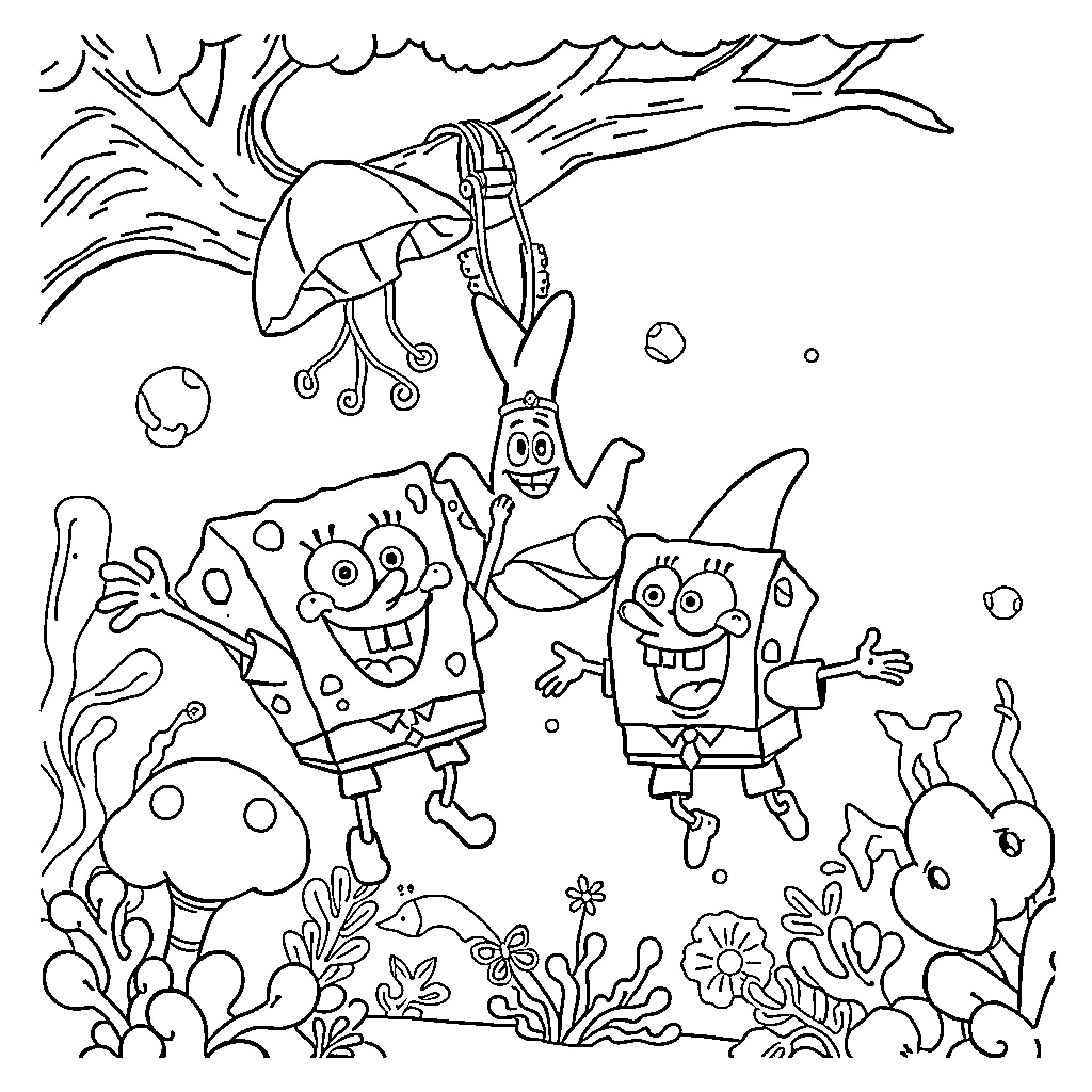 Spongebob and friends exploring the underwater world Coloring Page (free black-and-white line drawing printable PDF for all, from beginners to advanced learners, including children, teens, adults, and seniors)