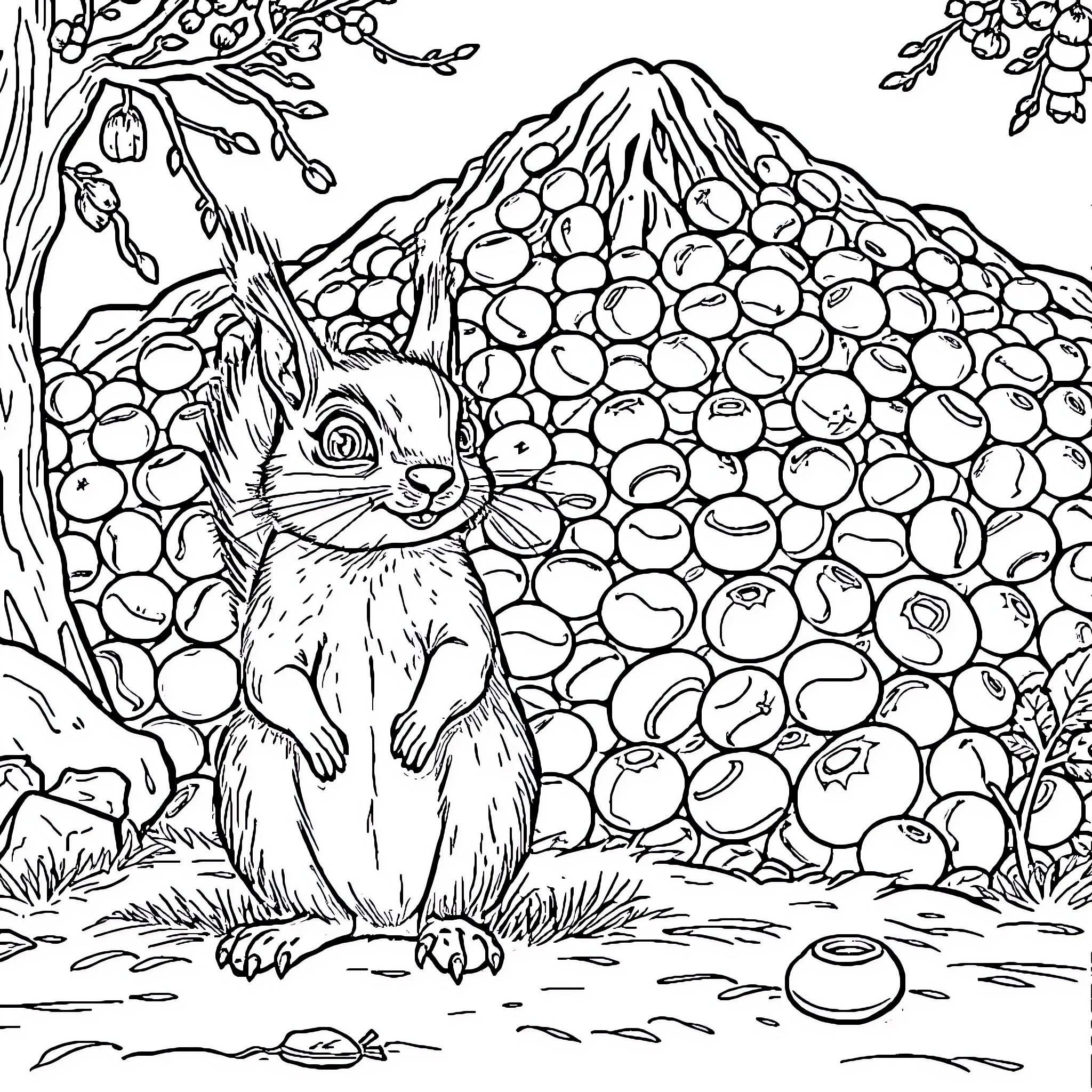 Squirrel exploring a forest landscape Coloring Page (free black-and-white line drawing printable PDF for all, from beginners to advanced learners, including children, teens, adults, and seniors)