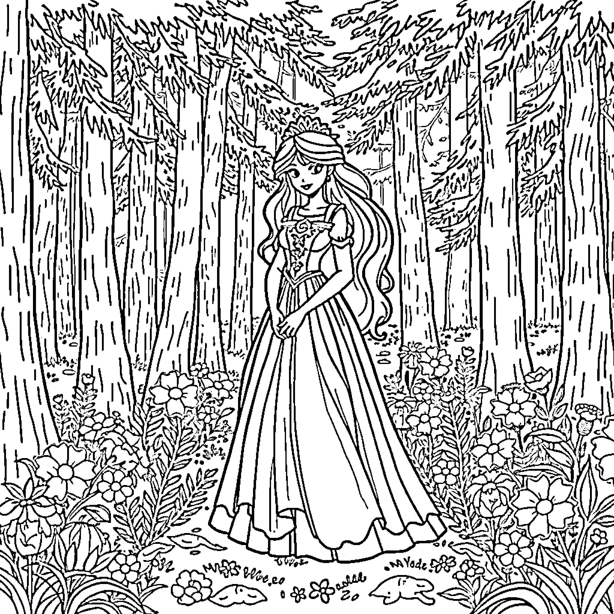 Snow White in a Lush Forest Landscape Coloring Page (free black-and-white line drawing printable PDF for all, from beginners to advanced learners, including children, teens, adults, and seniors)