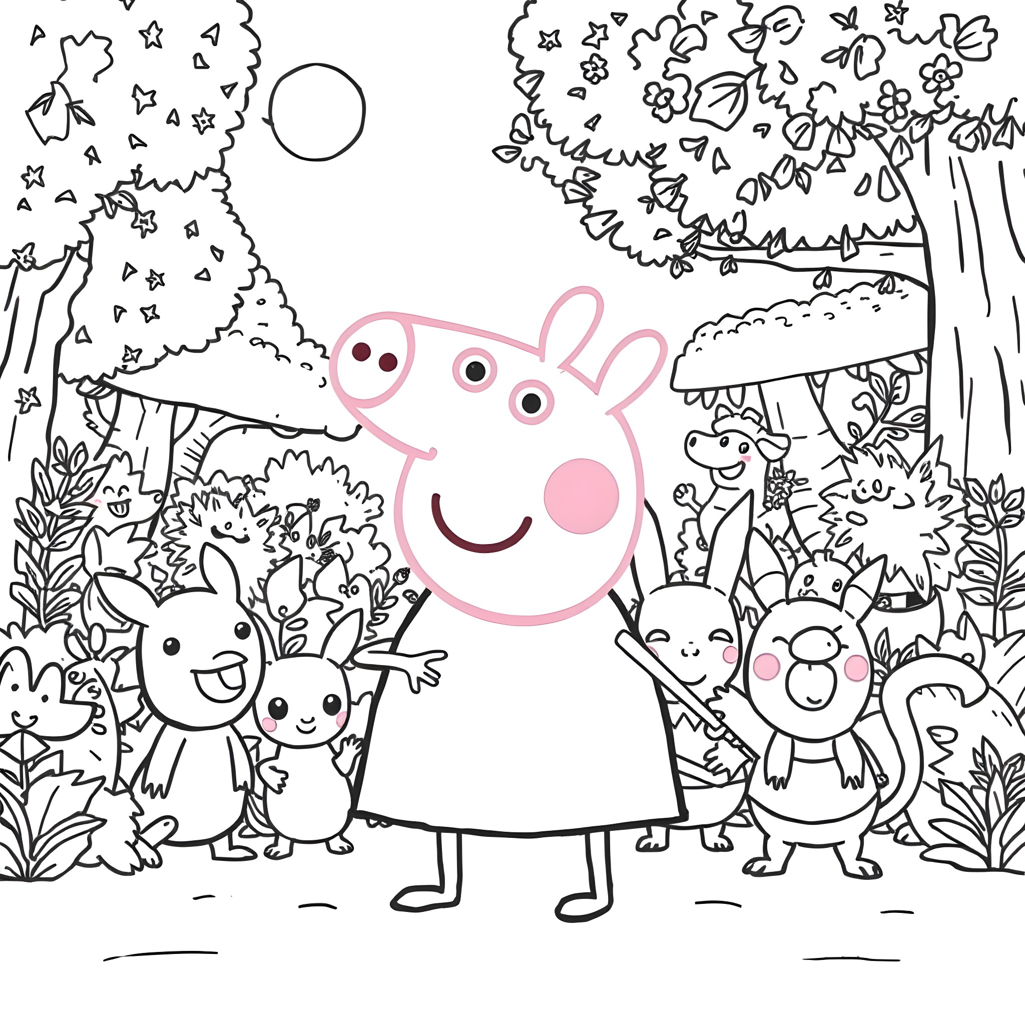 Peppa Pig and Friends Explore the Magical Forest Coloring Page (free black-and-white line drawing printable PDF for all, from beginners to advanced learners, including children, teens, adults, and seniors)