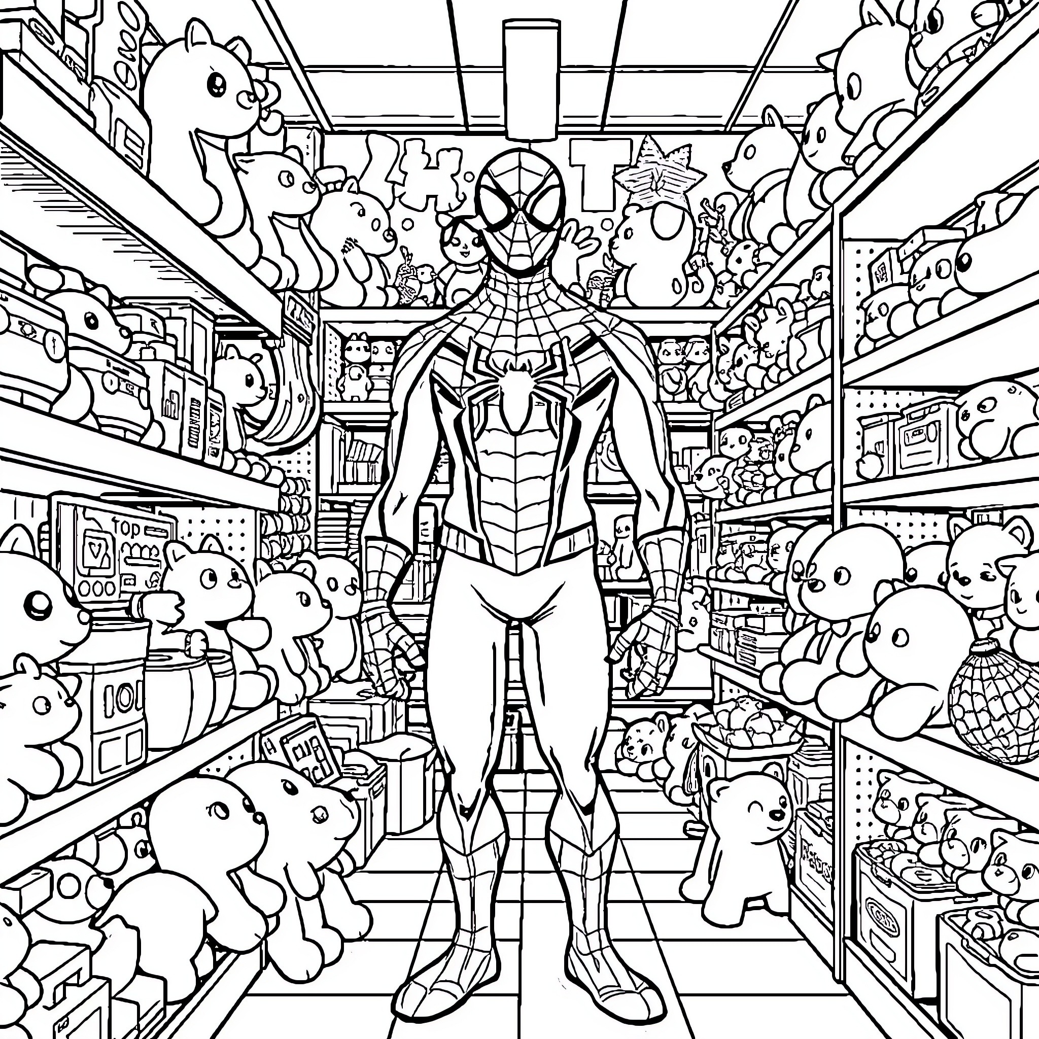 Spiderman in a Crowded Toy Store Coloring Page (free black-and-white line drawing printable PDF for all, from beginners to advanced learners, including children, teens, adults, and seniors)
