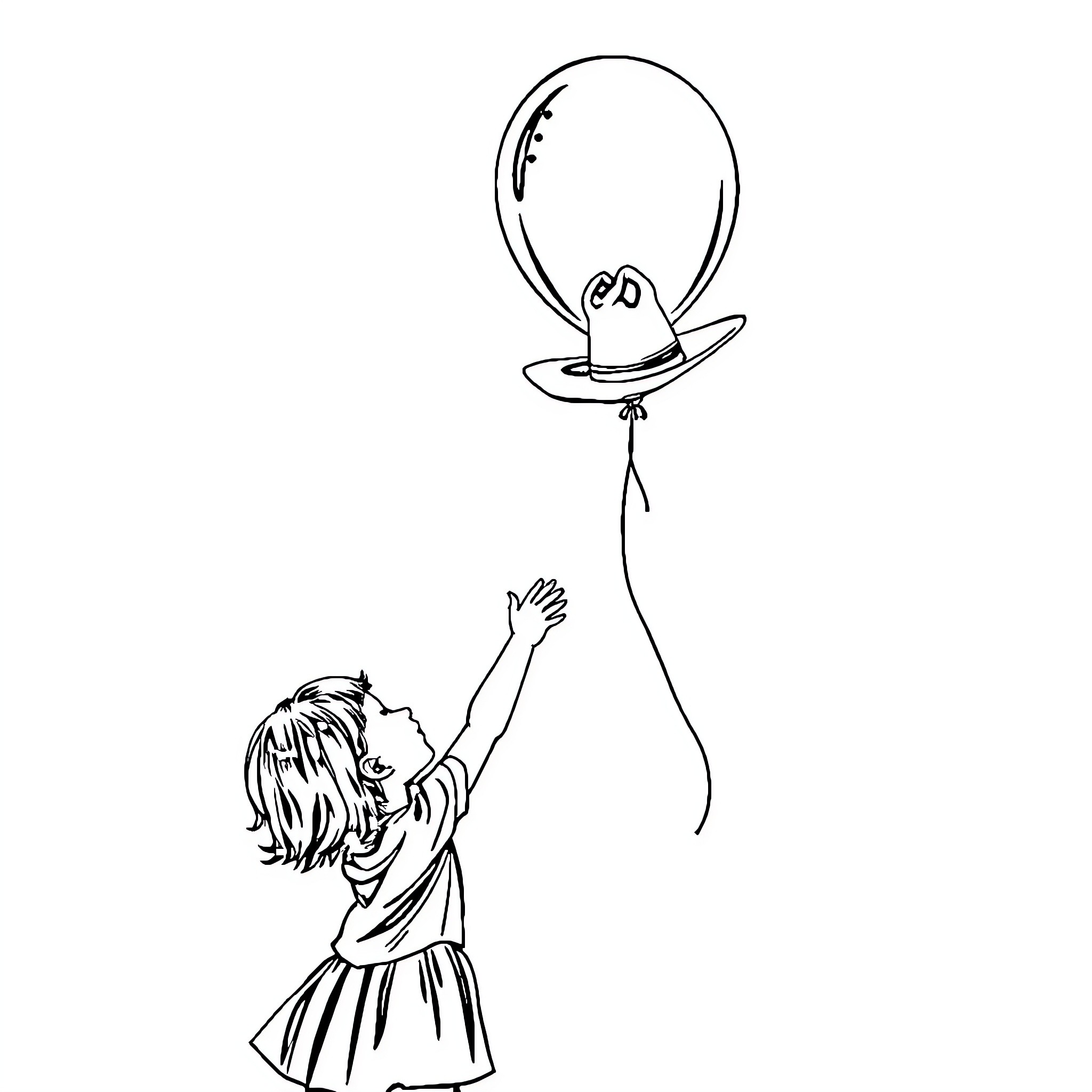 Girl reaching for balloon with joy Coloring Page (free black-and-white line drawing printable PDF for all, from beginners to advanced learners, including children, teens, adults, and seniors)