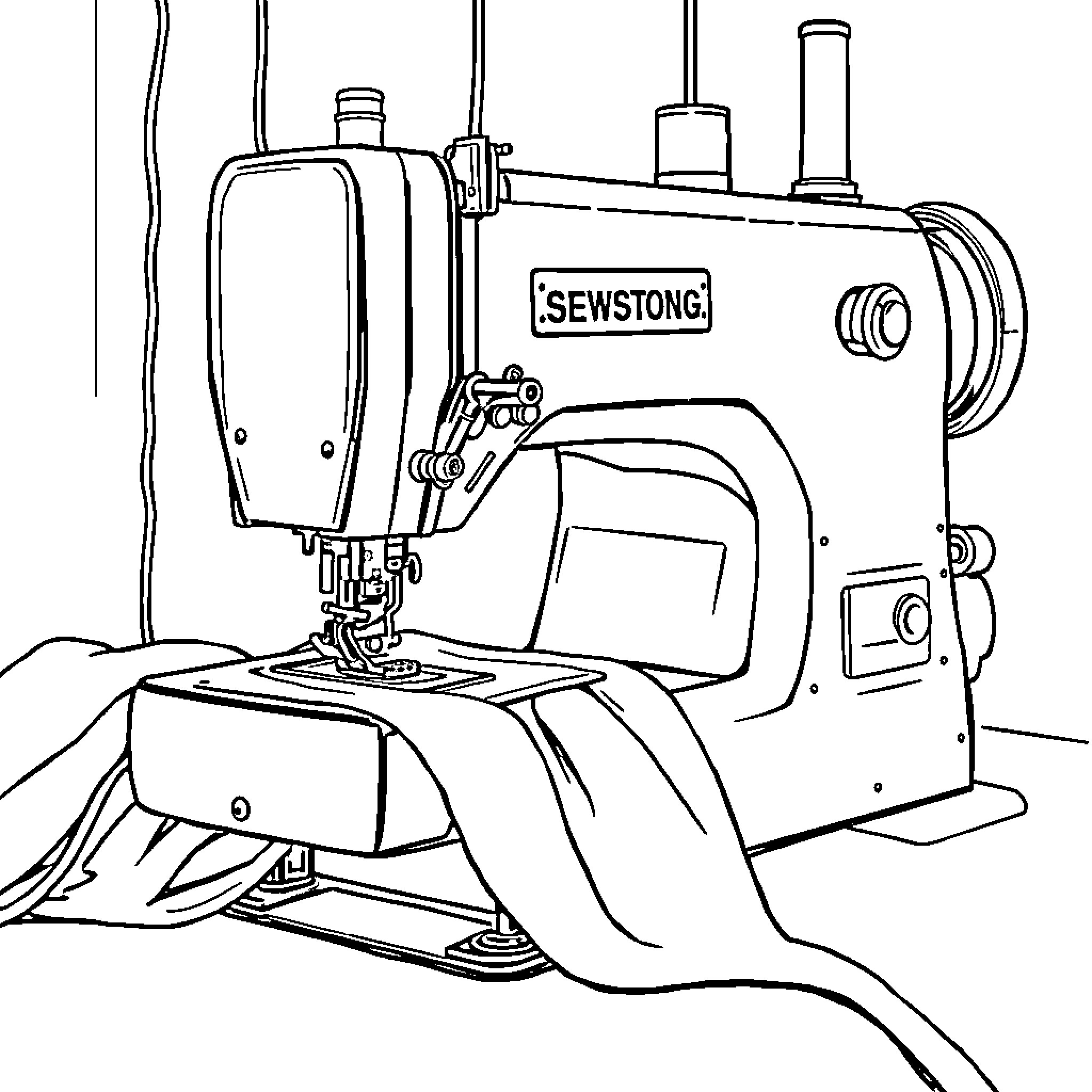 Sewing Machine in Operation Coloring Page (free black-and-white line drawing printable PDF for all, from beginners to advanced learners, including children, teens, adults, and seniors)