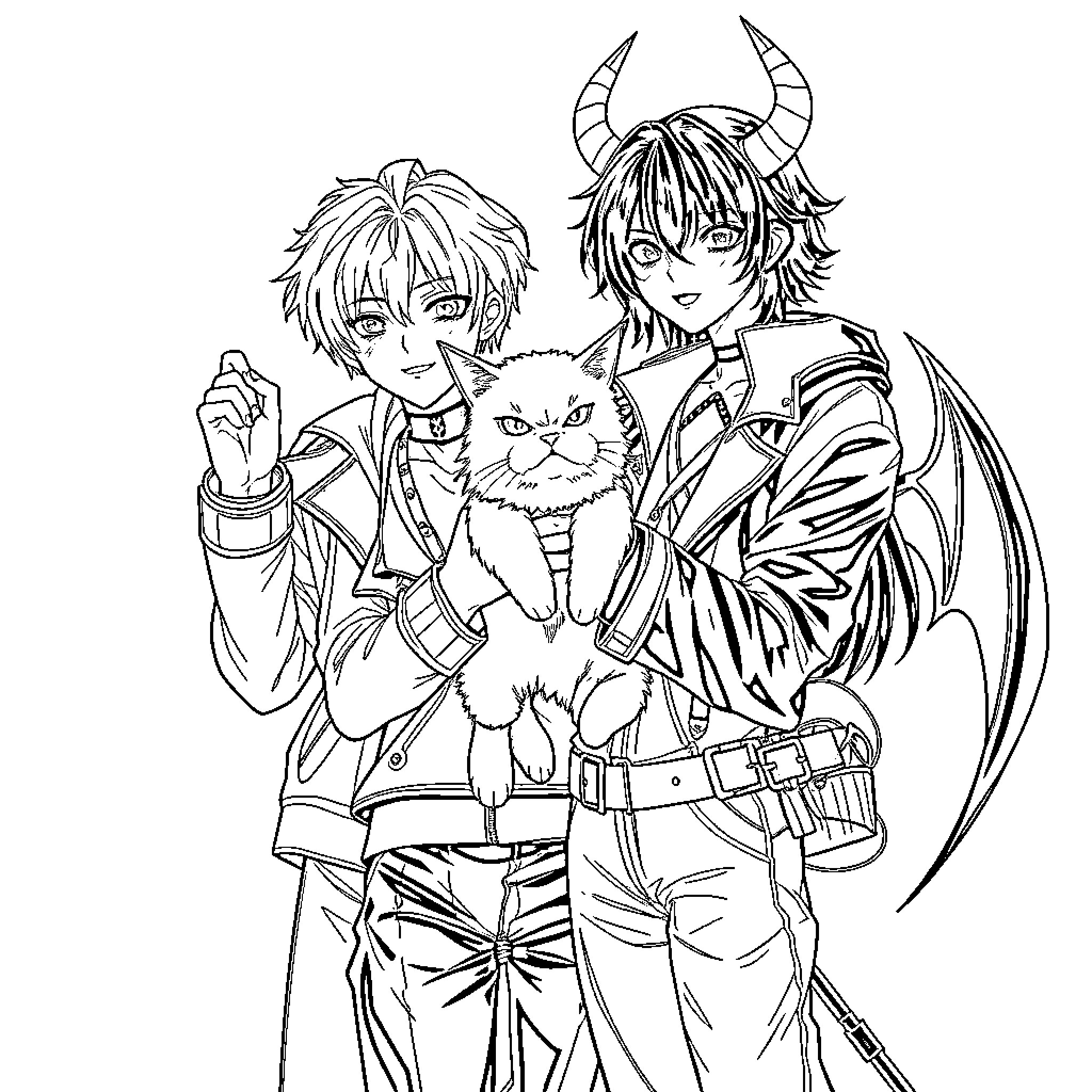 Demon Hunter Pair Adventuring with Furry Companion Coloring Page (free black-and-white line drawing printable PDF for all, from beginners to advanced learners, including children, teens, adults, and seniors)