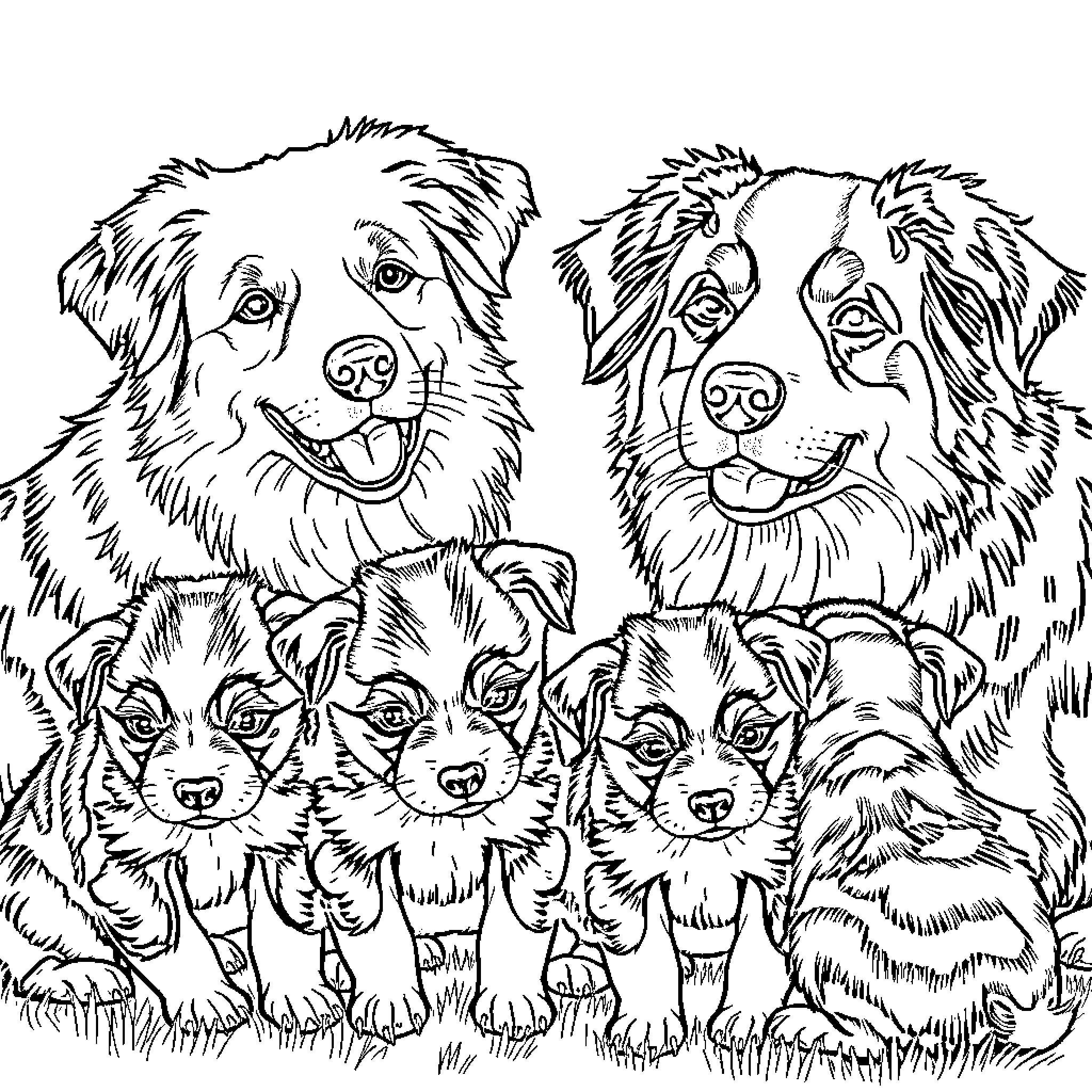Australian Shepherd family enjoying outdoor adventure Coloring Page (free black-and-white line drawing printable PDF for all, from beginners to advanced learners, including children, teens, adults, and seniors)