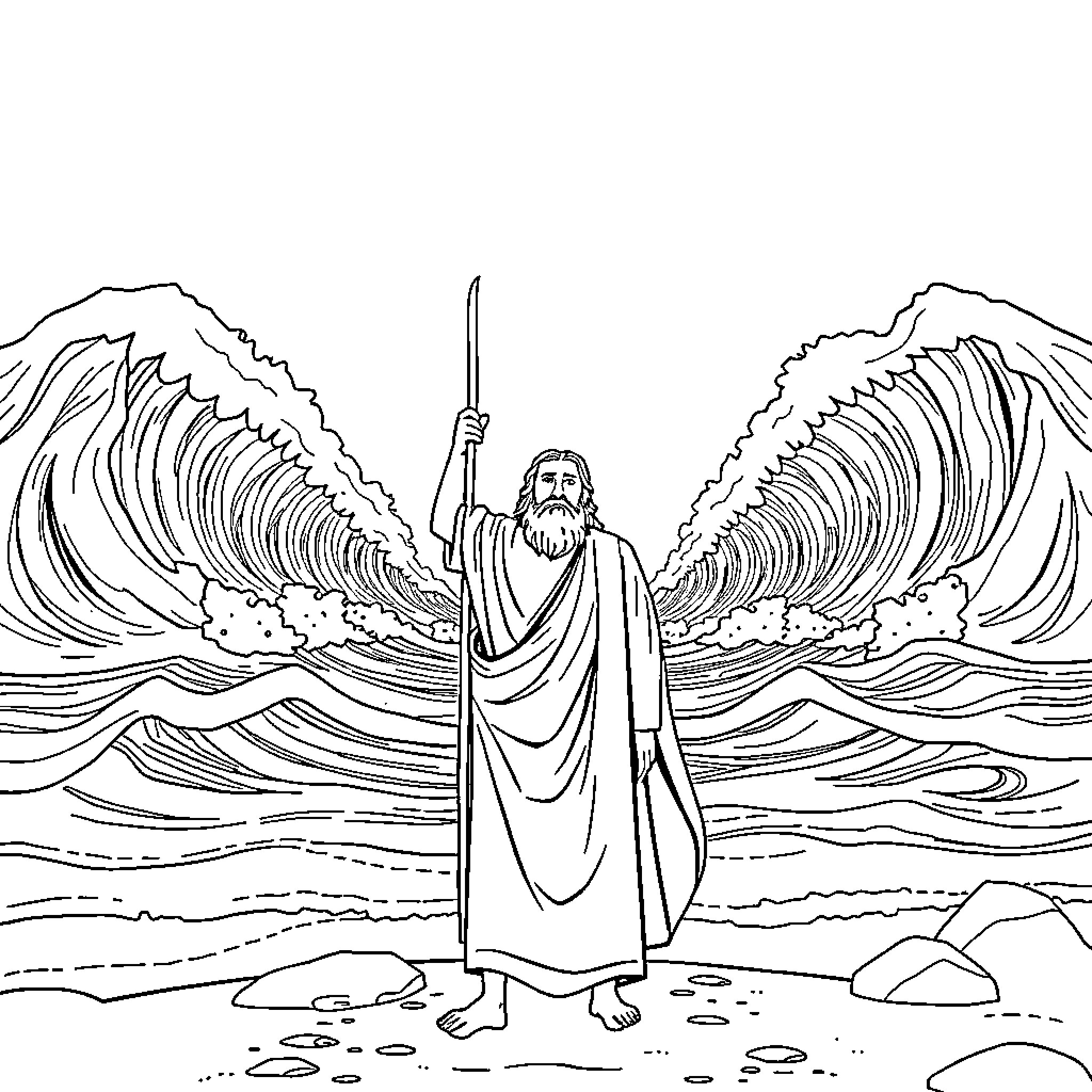 Moses parting the sea with his staff Coloring Page (free black-and-white line drawing printable PDF for all, from beginners to advanced learners, including children, teens, adults, and seniors)