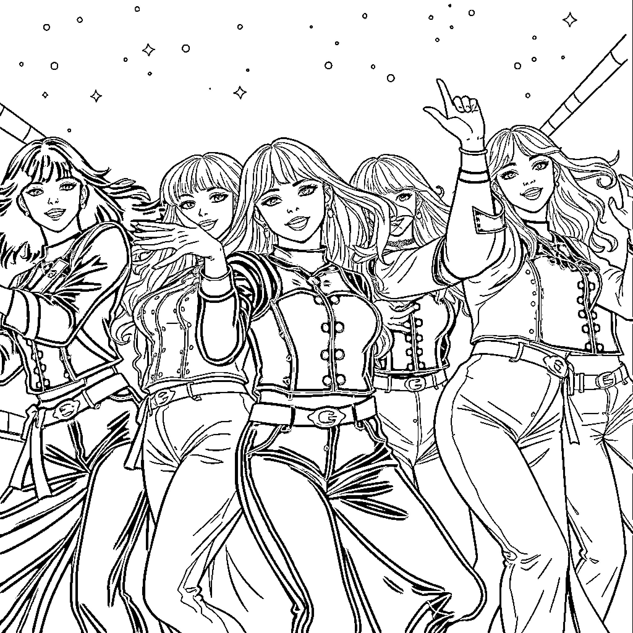 K Pop Warrior Performers Showcase Power Moves Coloring Page (free black-and-white line drawing printable PDF for all, from beginners to advanced learners, including children, teens, adults, and seniors)