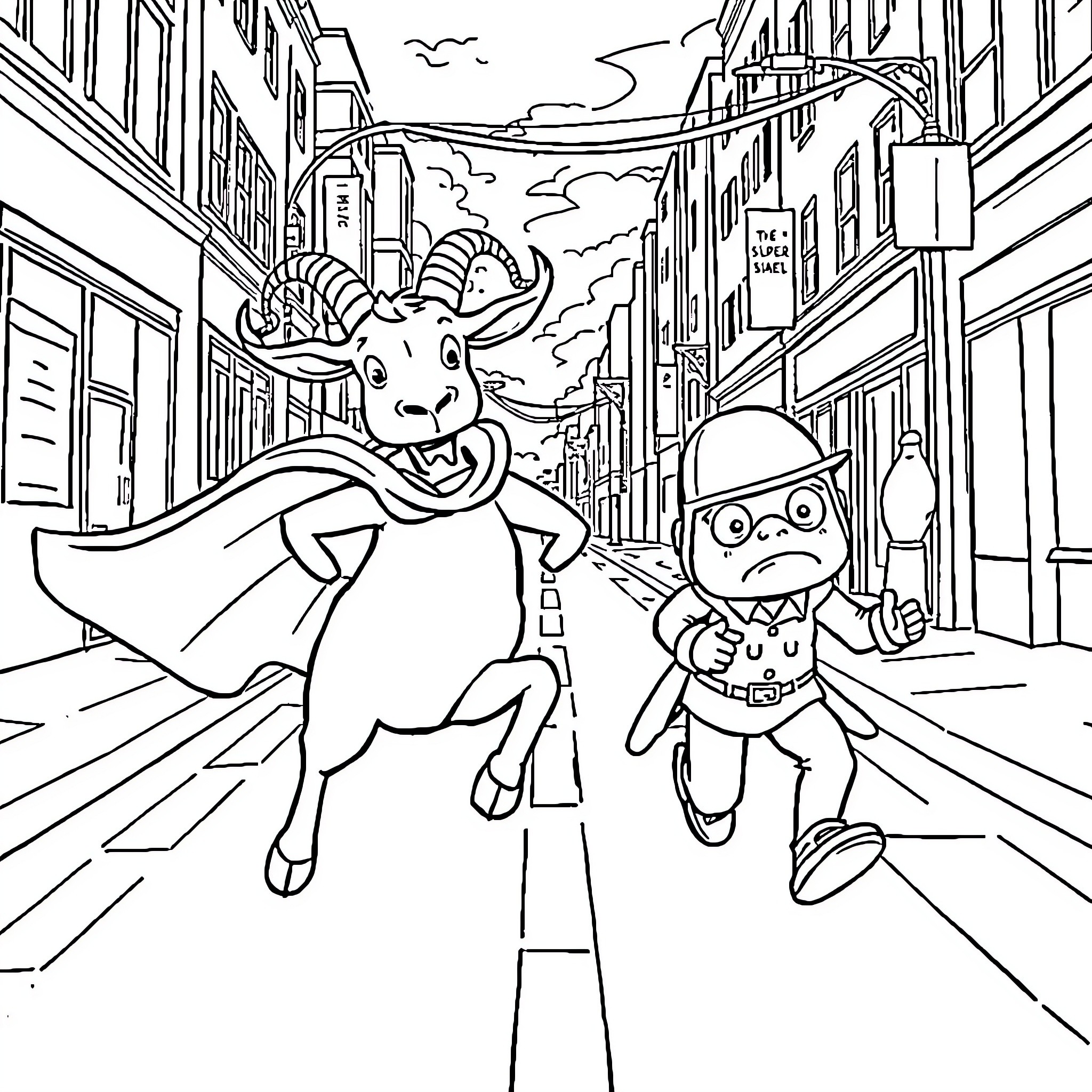 Goat superheroes in the city streets Coloring Page (free black-and-white line drawing printable PDF for all, from beginners to advanced learners, including children, teens, adults, and seniors)