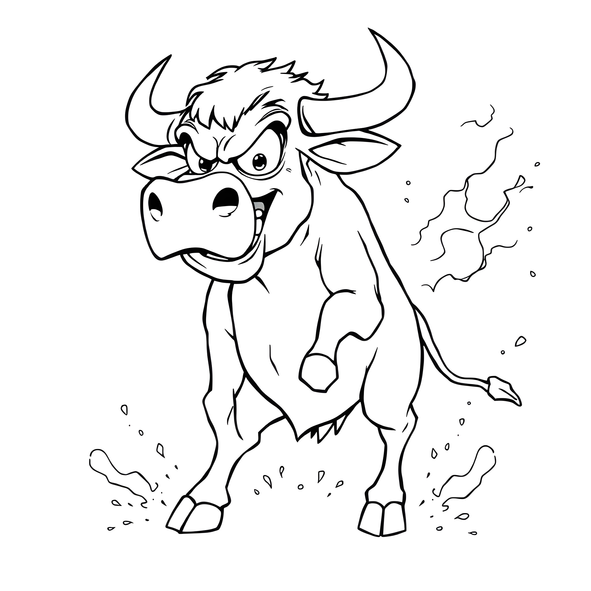 Bull charging angrily in the field Coloring Page (free black-and-white line drawing printable PDF for all, from beginners to advanced learners, including children, teens, adults, and seniors)
