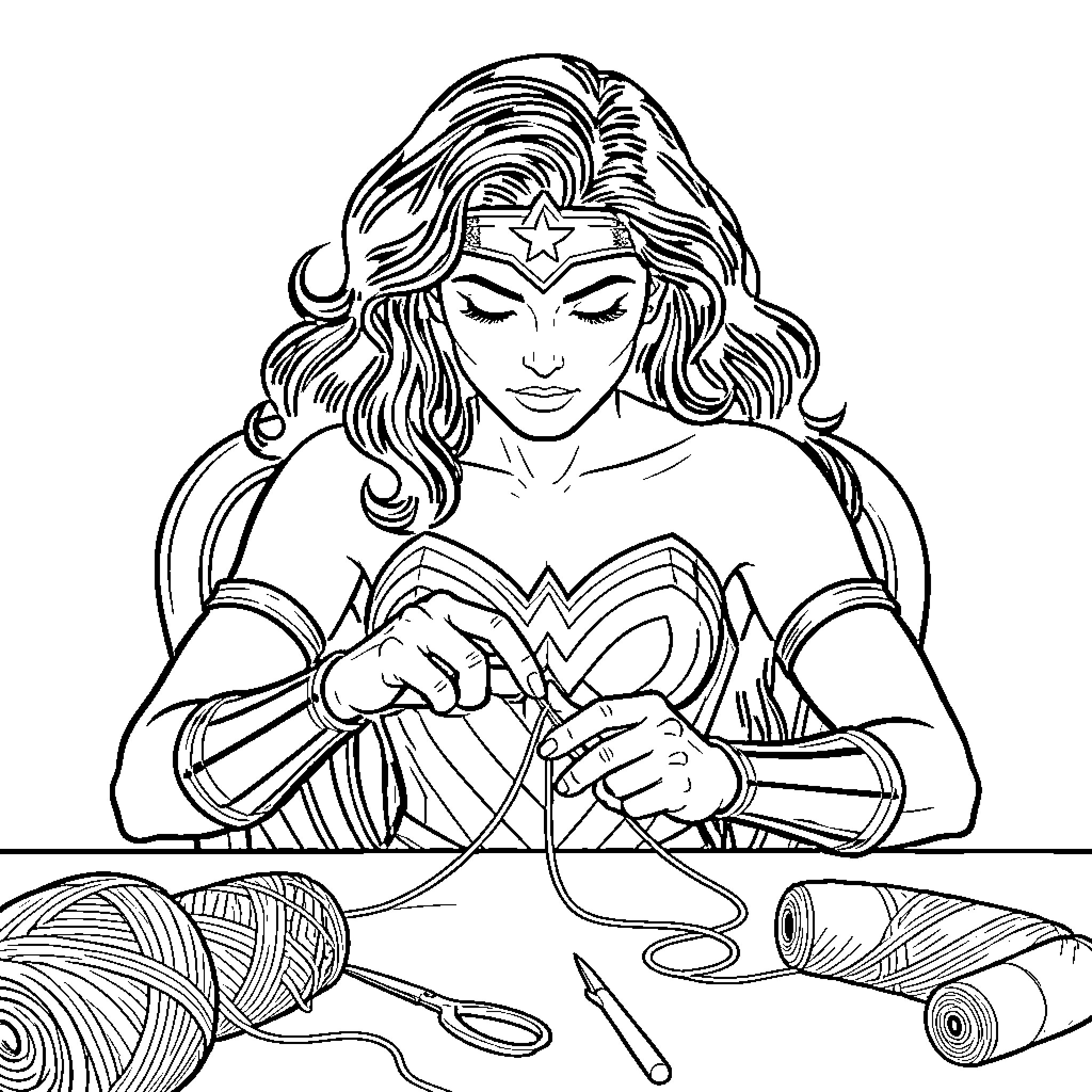 Wonder Woman focused on knitting with yarn and needles Coloring Page (free black-and-white line drawing printable PDF for all, from beginners to advanced learners, including children, teens, adults, and seniors)