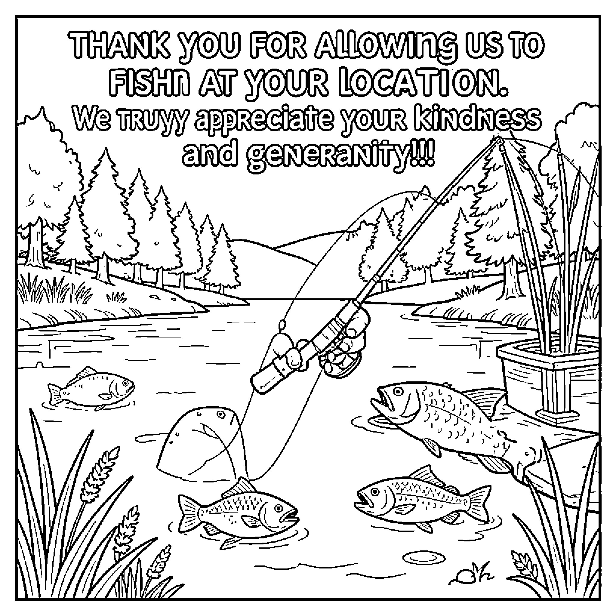 Fishing in a scenic river surrounded by nature Coloring Page (free black-and-white line drawing printable PDF for all, from beginners to advanced learners, including children, teens, adults, and seniors)