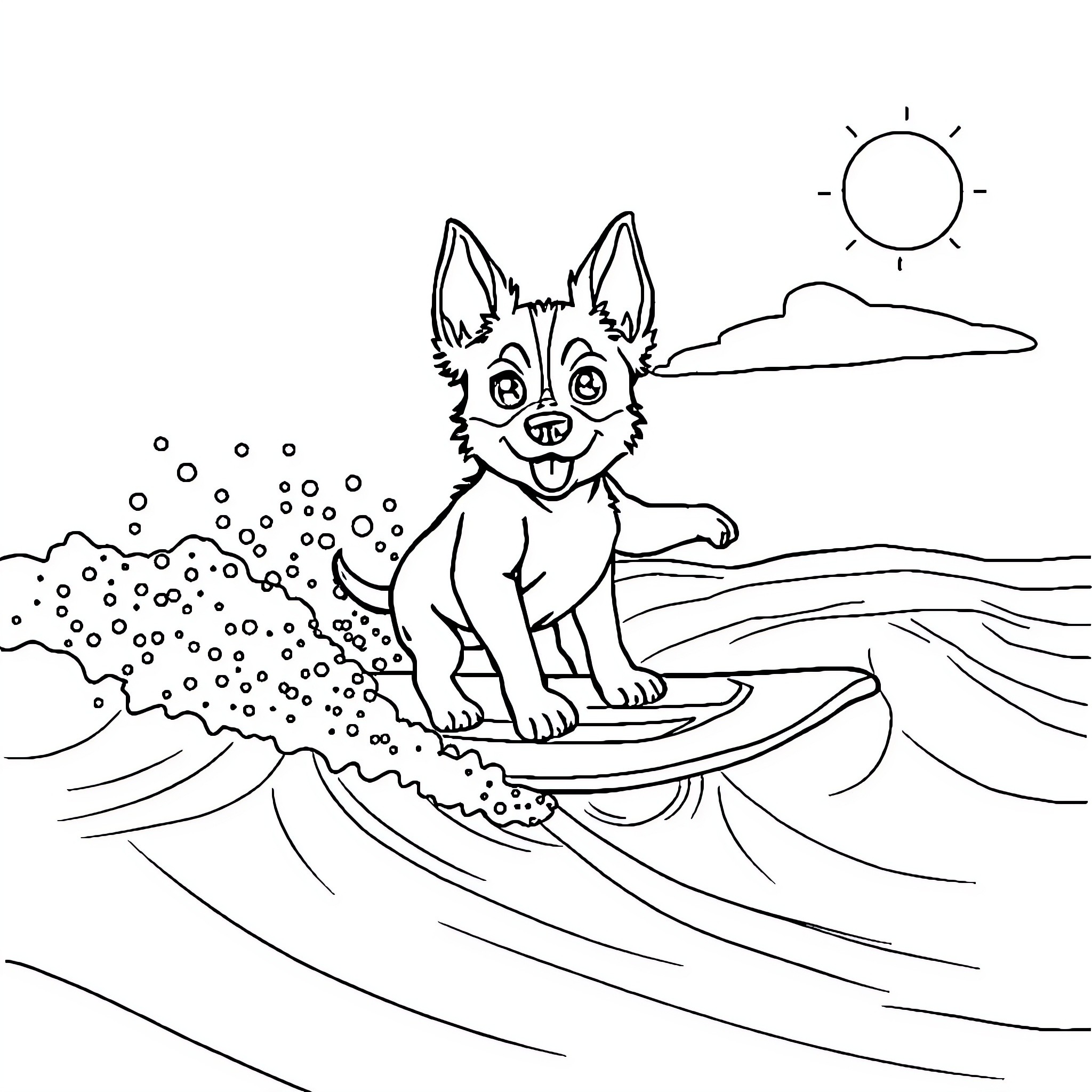 Bluey surfing on the waves happily Coloring Page (free black-and-white line drawing printable PDF for all, from beginners to advanced learners, including children, teens, adults, and seniors)