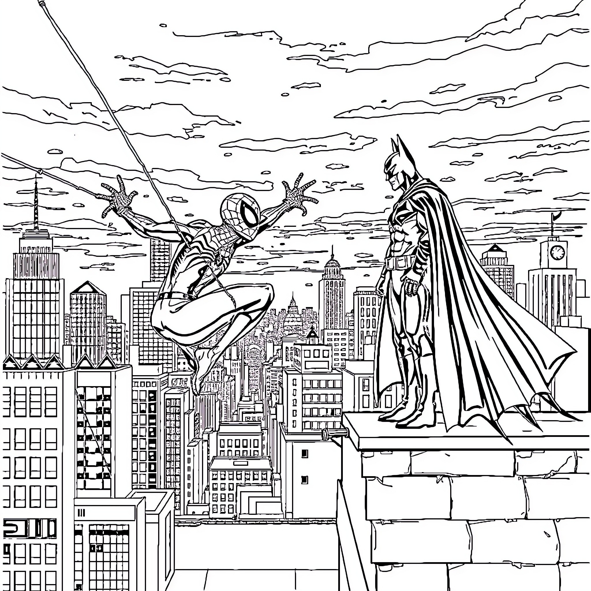 Spider-Man swinging in action with Batman in the city Coloring Page (free black-and-white line drawing printable PDF for all, from beginners to advanced learners, including children, teens, adults, and seniors)