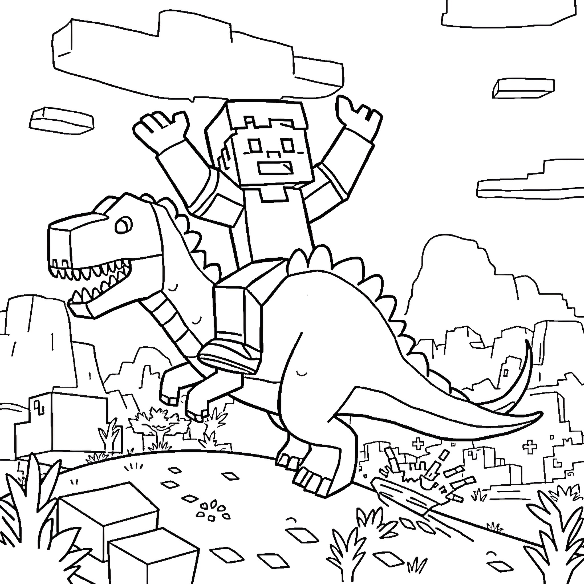 Minecraft Person riding dinosaur in scenic landscape Coloring Page (free black-and-white line drawing printable PDF for all, from beginners to advanced learners, including children, teens, adults, and seniors)