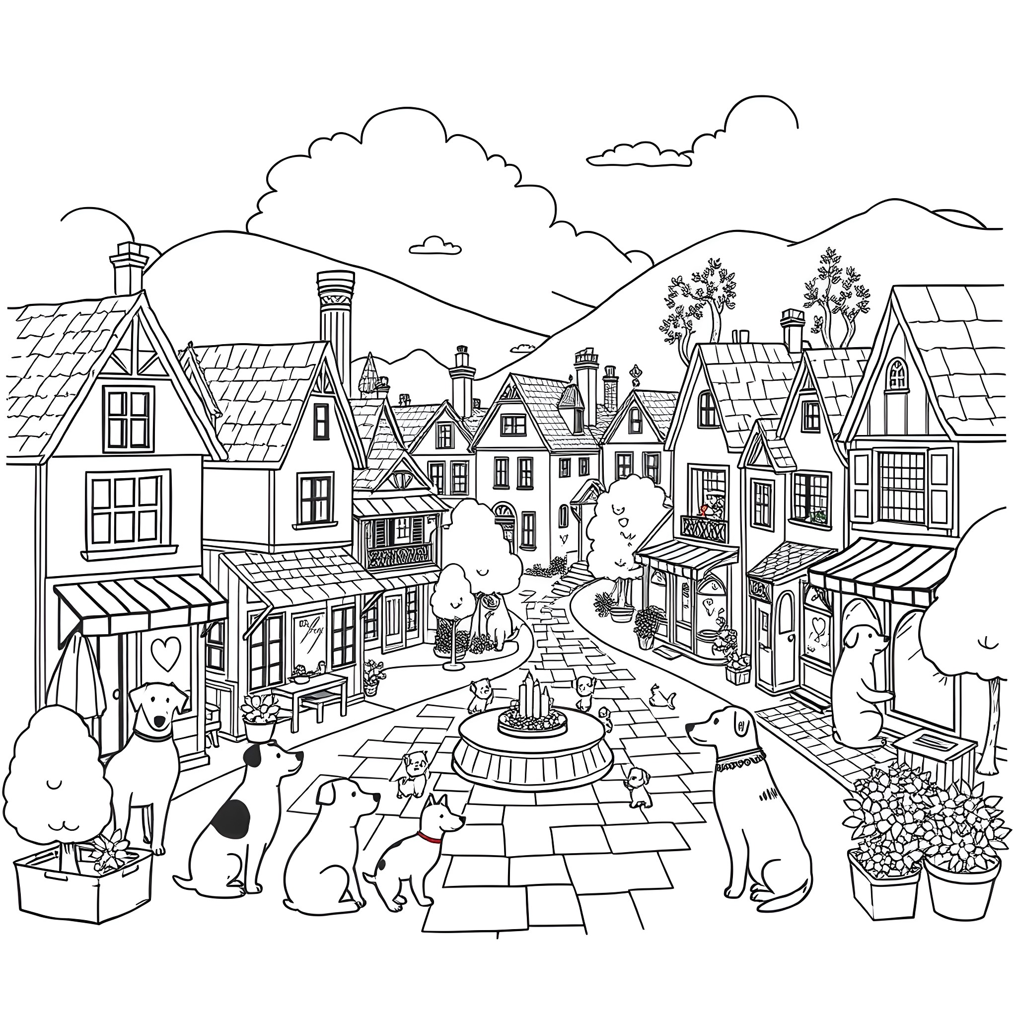 Dog Enjoying a Cozy Town Scene Coloring Page (free black-and-white line drawing printable PDF for all, from beginners to advanced learners, including children, teens, adults, and seniors)