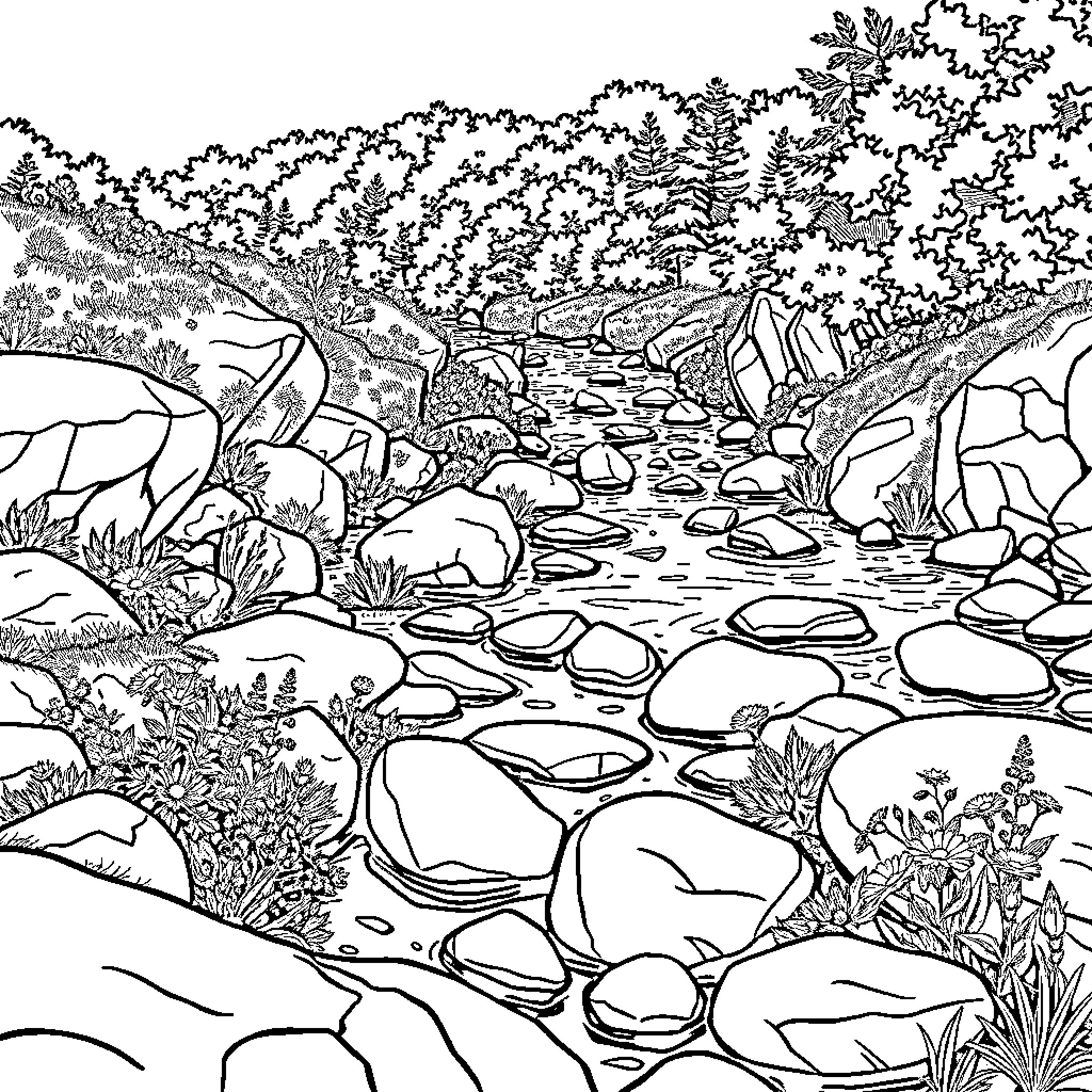 River flowing through serene forest landscape Coloring Page (free black-and-white line drawing printable PDF for all, from beginners to advanced learners, including children, teens, adults, and seniors)
