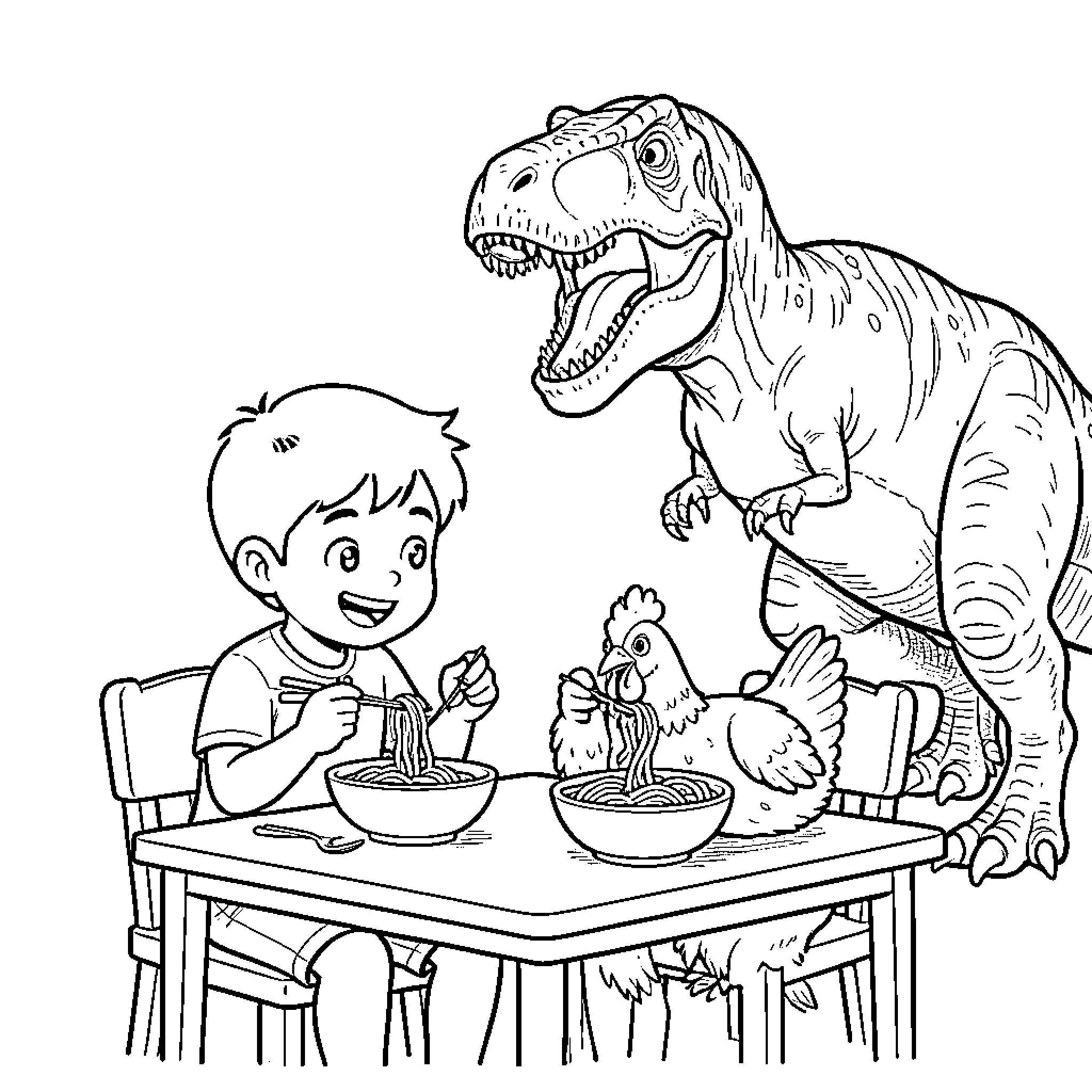 Boy eating noodles with a dinosaur and a chicken Coloring Page (free black-and-white line drawing printable PDF for all, from beginners to advanced learners, including children, teens, adults, and seniors)