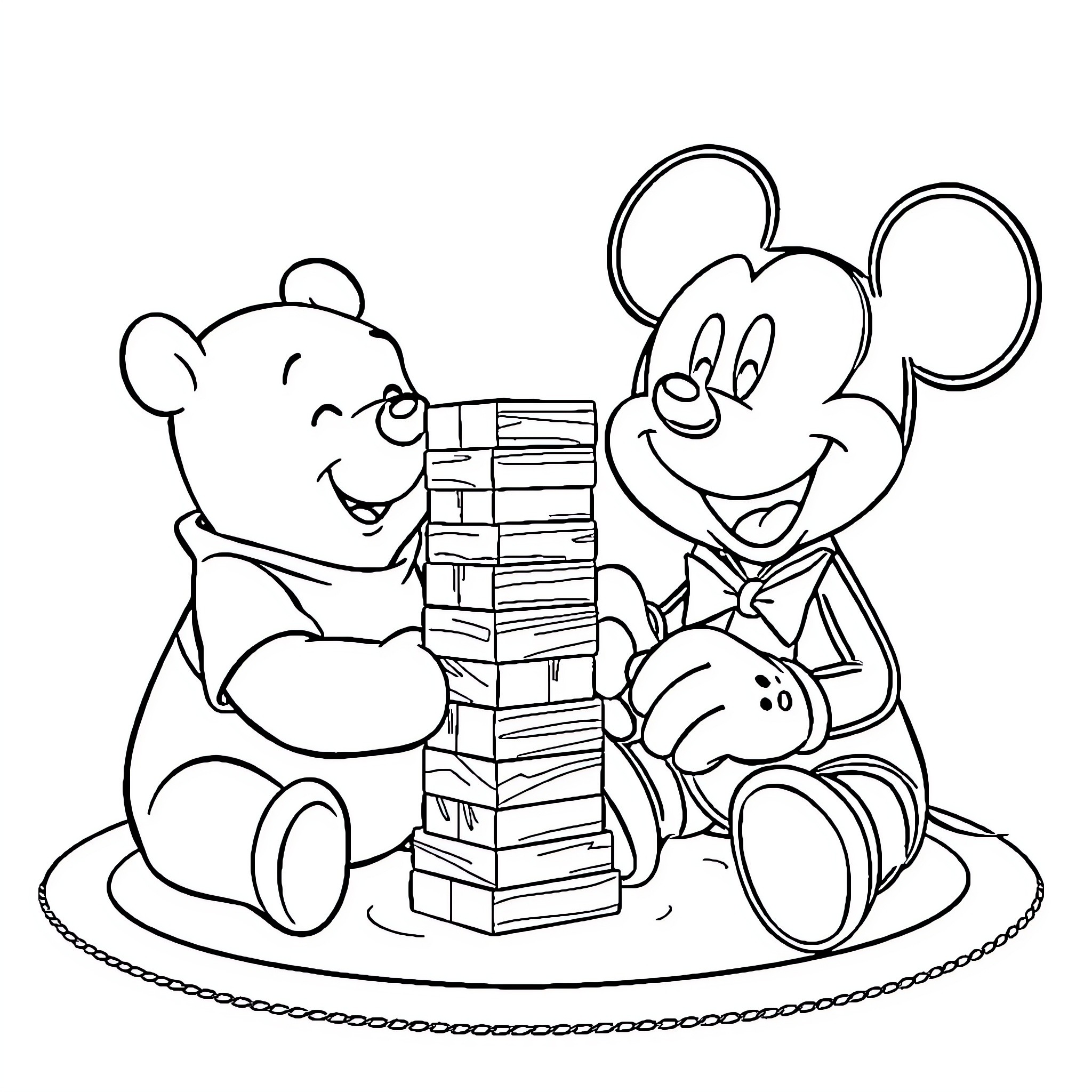 Winnie The Pooh and Mickey Mouse playing with blocks Coloring Page (free black-and-white line drawing printable PDF for all, from beginners to advanced learners, including children, teens, adults, and seniors)