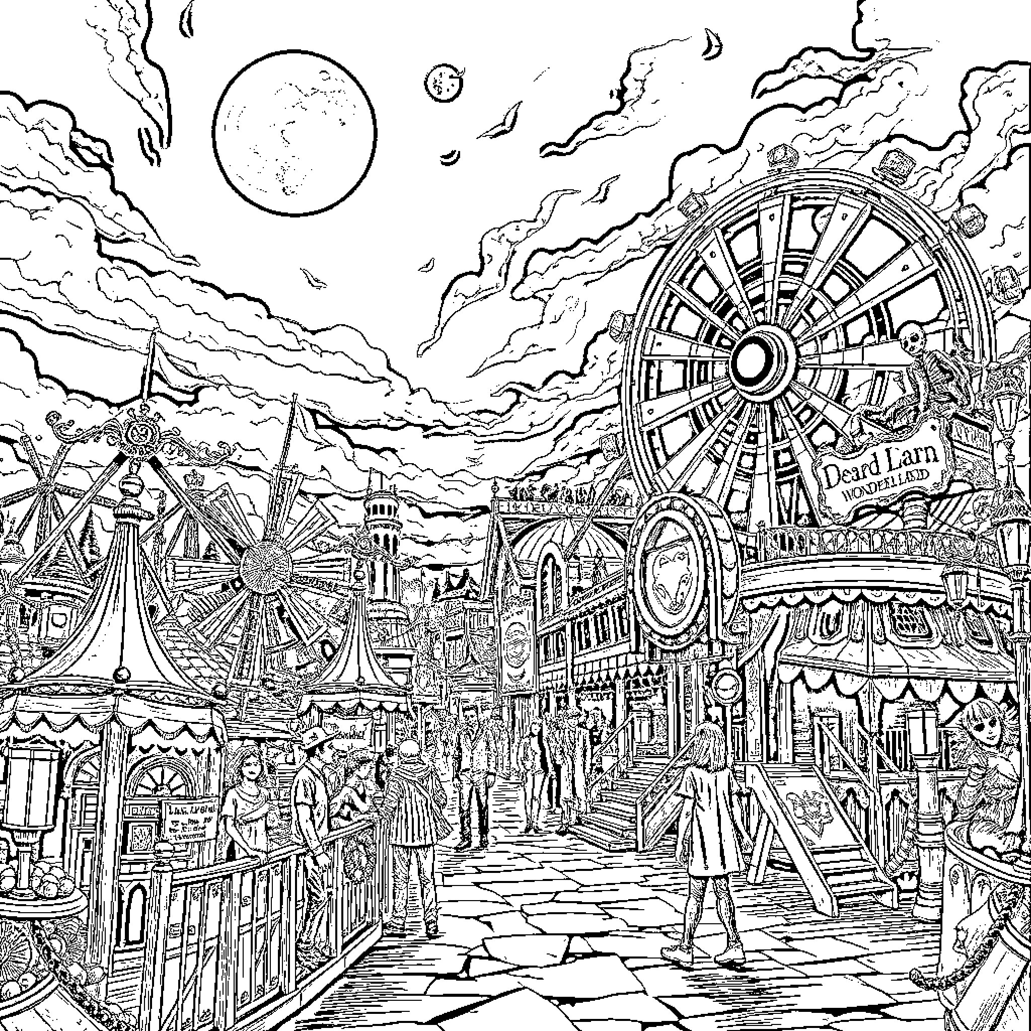 Deadman Wonderland: Fantastical Carnival in the Sky Coloring Page (free black-and-white line drawing printable PDF for all, from beginners to advanced learners, including children, teens, adults, and seniors)