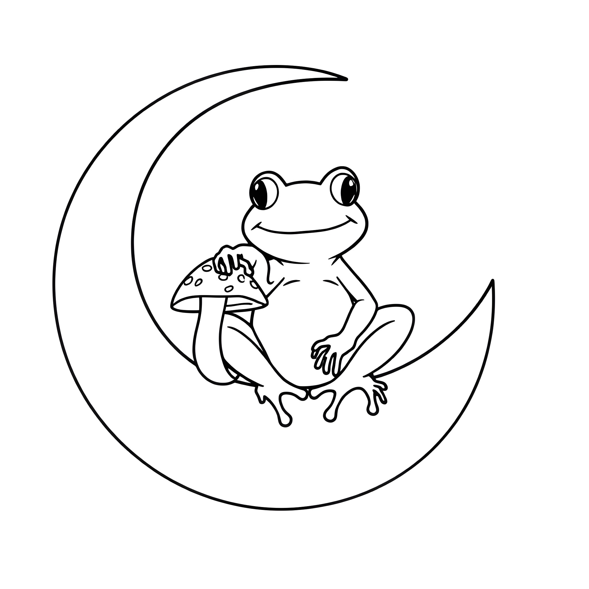 Frog sitting on a crescent moon Coloring Page (free black-and-white line drawing printable PDF for all, from beginners to advanced learners, including children, teens, adults, and seniors)
