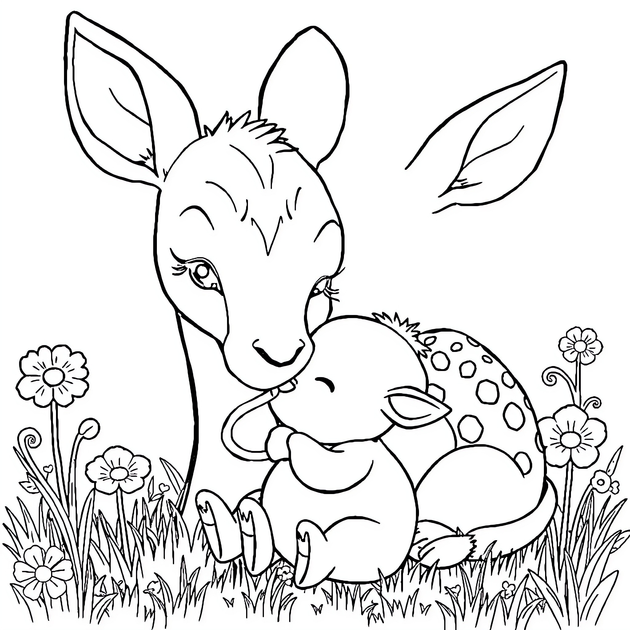 Doe and Fawn playing in Flower Garden Coloring Page (free black-and-white line drawing printable PDF for all, from beginners to advanced learners, including children, teens, adults, and seniors)