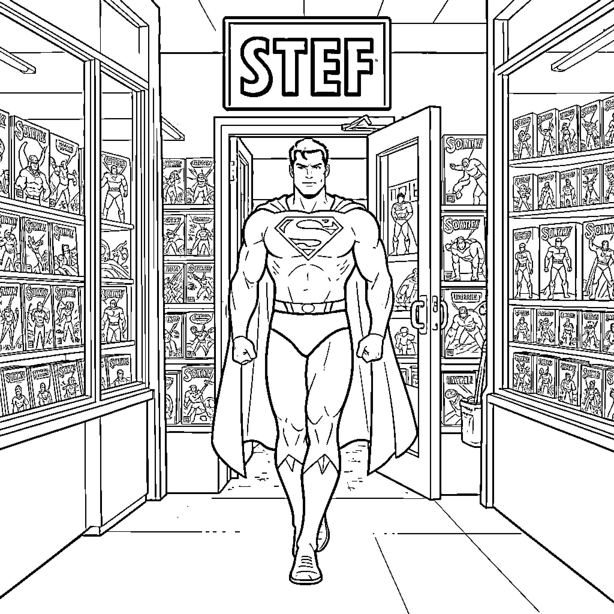 Superman walking confidently through a comic book store Coloring Page (free black-and-white line drawing printable PDF for all, from beginners to advanced learners, including children, teens, adults, and seniors)