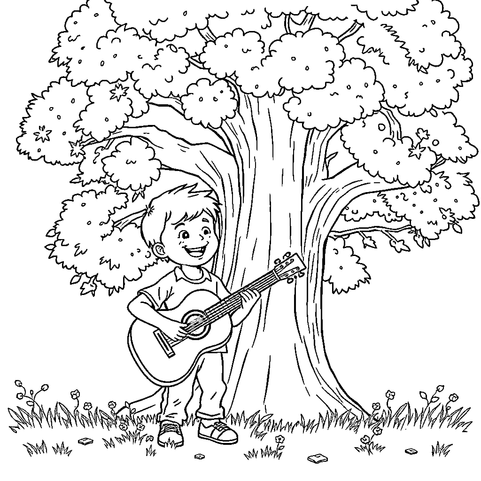 Child playing guitar under a tree Coloring Page (free black-and-white line drawing printable PDF for all, from beginners to advanced learners, including children, teens, adults, and seniors)