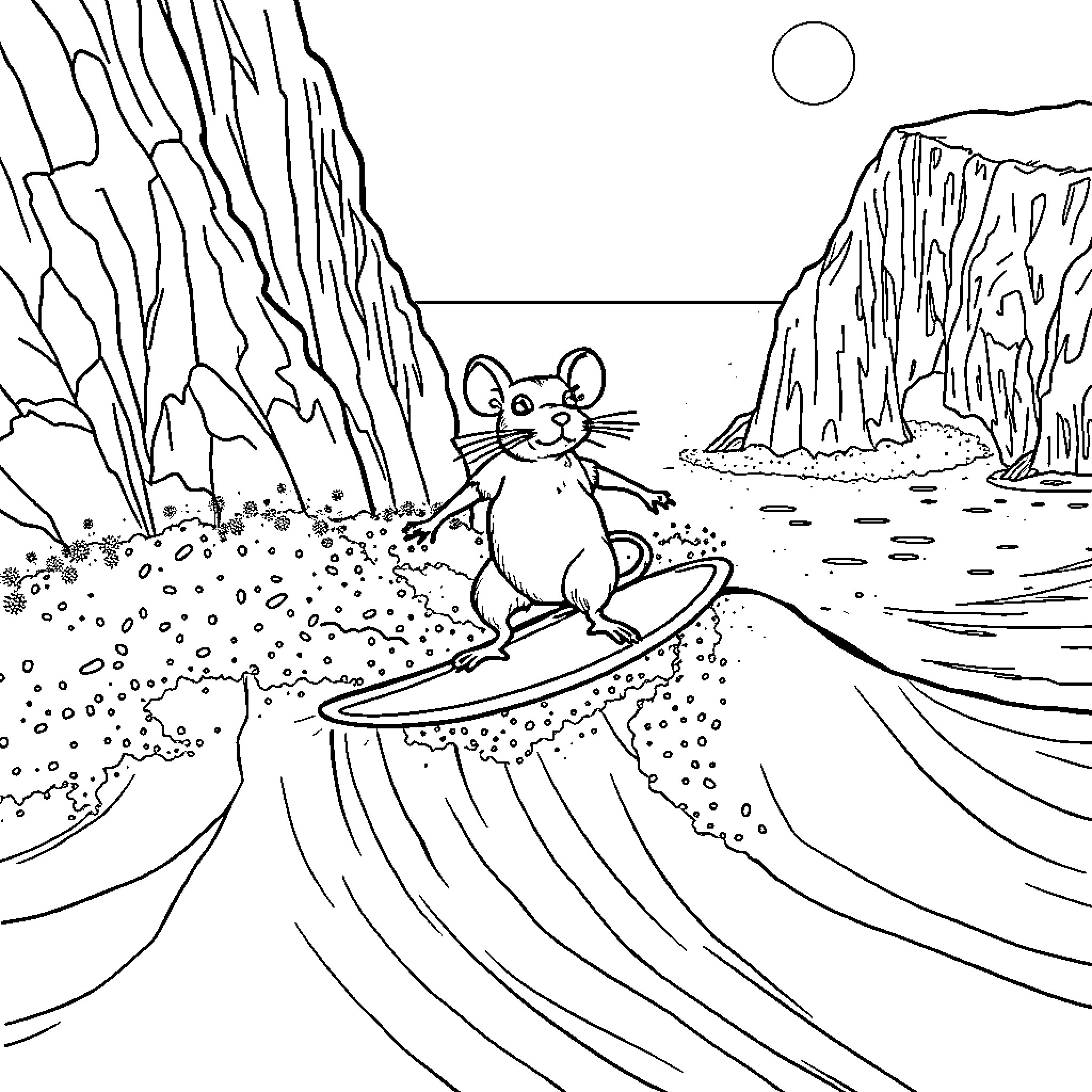 Ratatouille's Surf Adventure Coloring Page (free black-and-white line drawing printable PDF for all, from beginners to advanced learners, including children, teens, adults, and seniors)